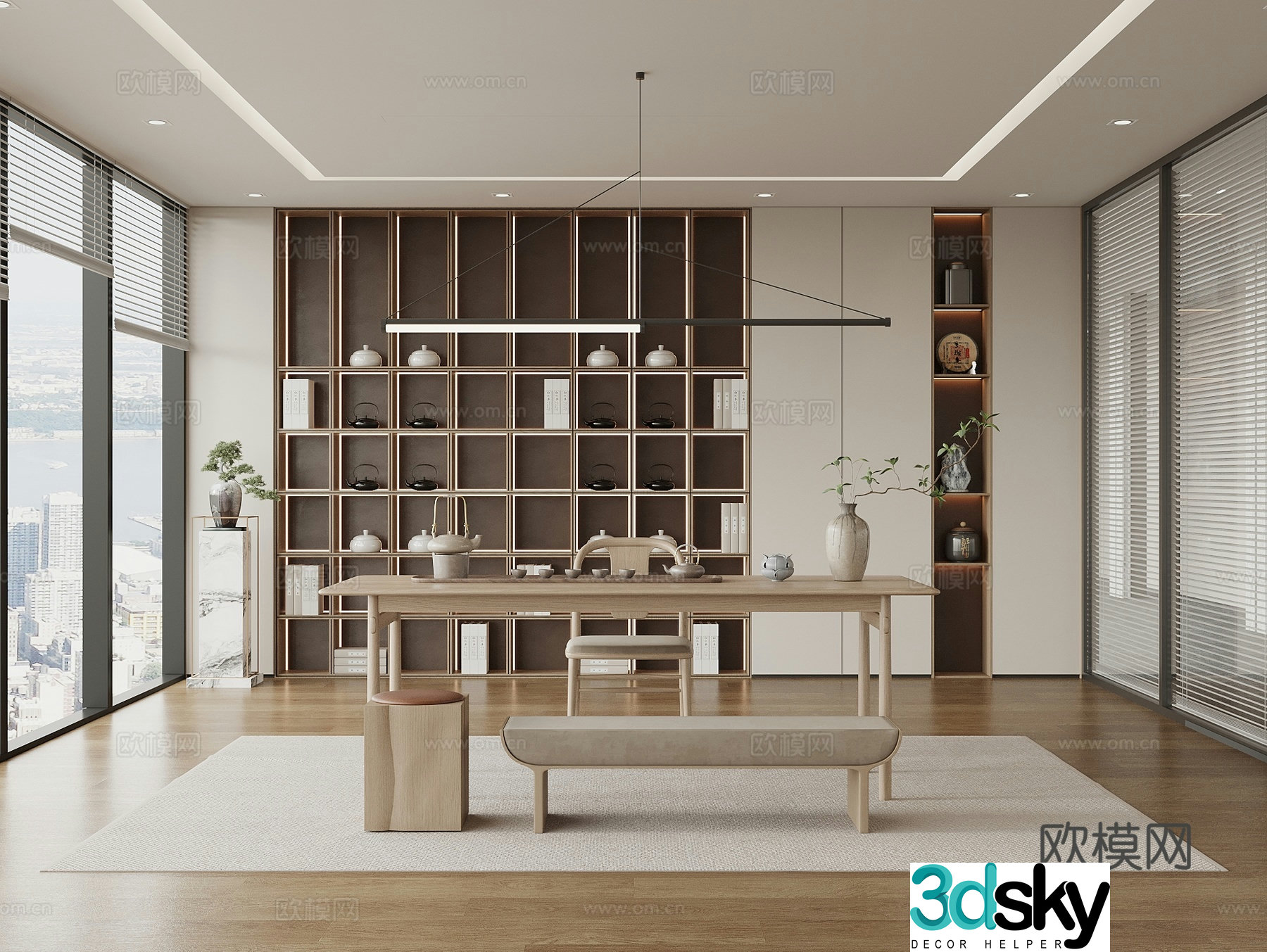New Chinese-style tea room tea table and chair tea room cabinet tea set potted plant office tea room 3D model