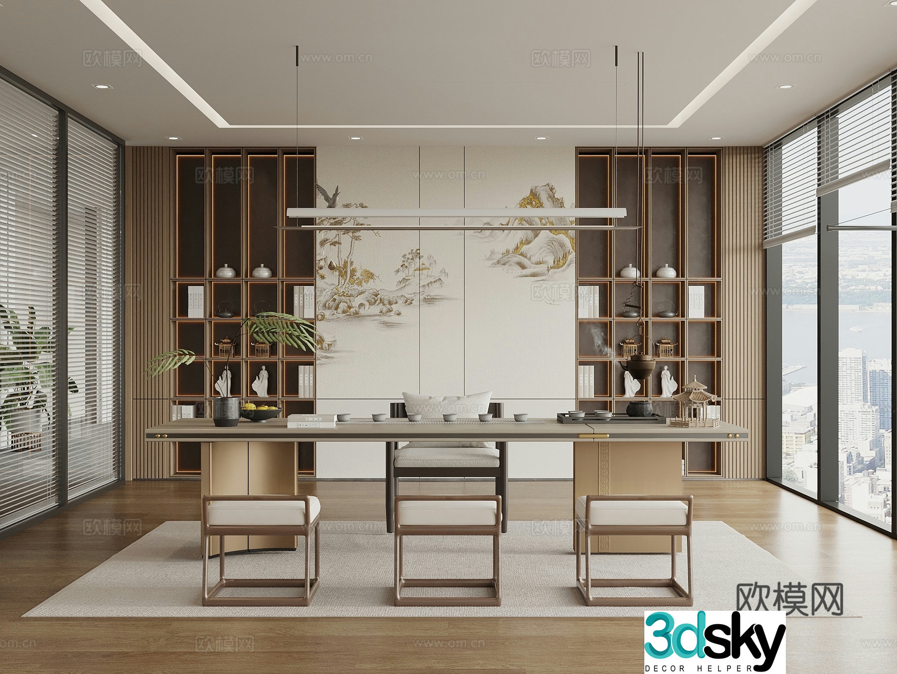 New Chinese style tea room tea table and chair tea room cabinet office tea room bookcase office chandeliers 3D model