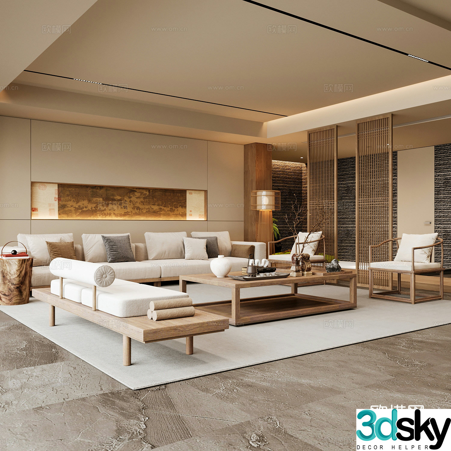 New Chinese Song style living room Chinese sofa combination Song style aesthetics Solid wood coffee table Chinese background 3D model