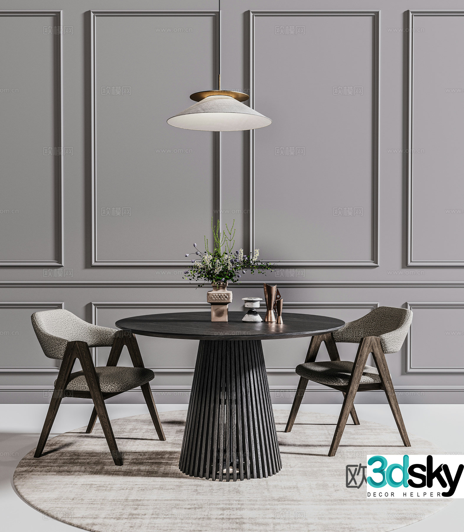 Medium style dining table modern dark dining table chandelier carpet 3d model