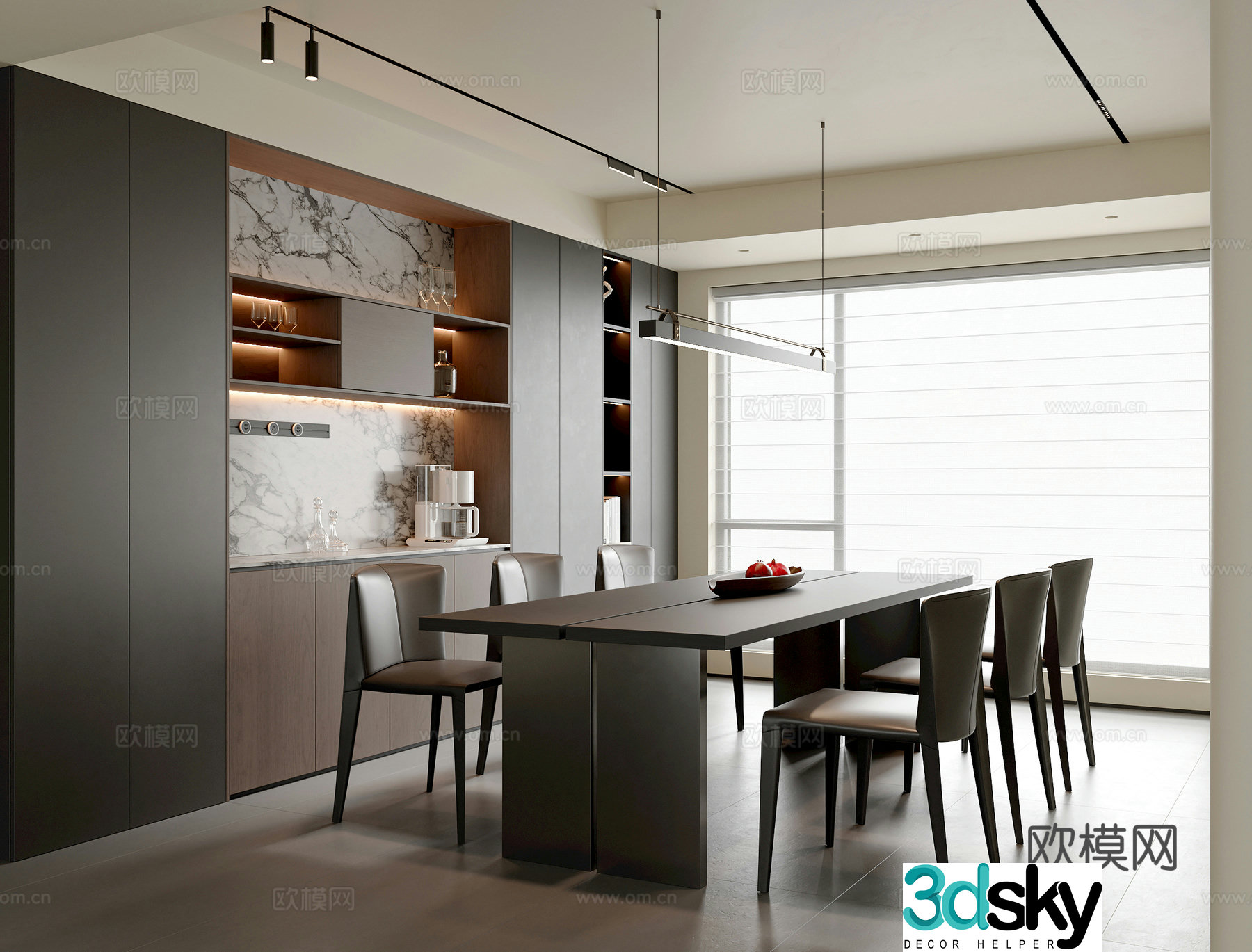 Modern Italian restaurant dining table and chair combination sideboard wine cabinet chandeliers accessories 3D model