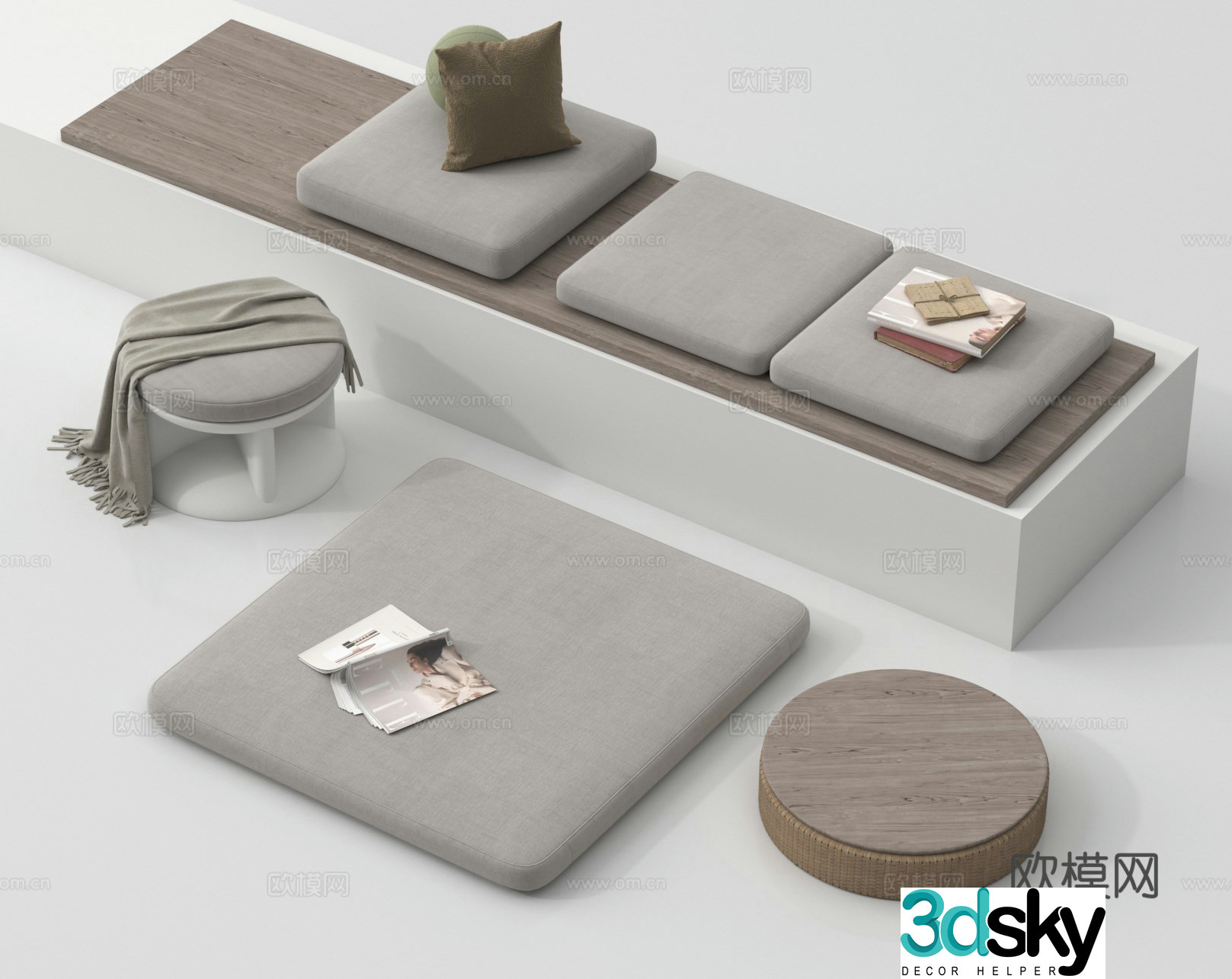 Stool futon bay window cushion 3d model