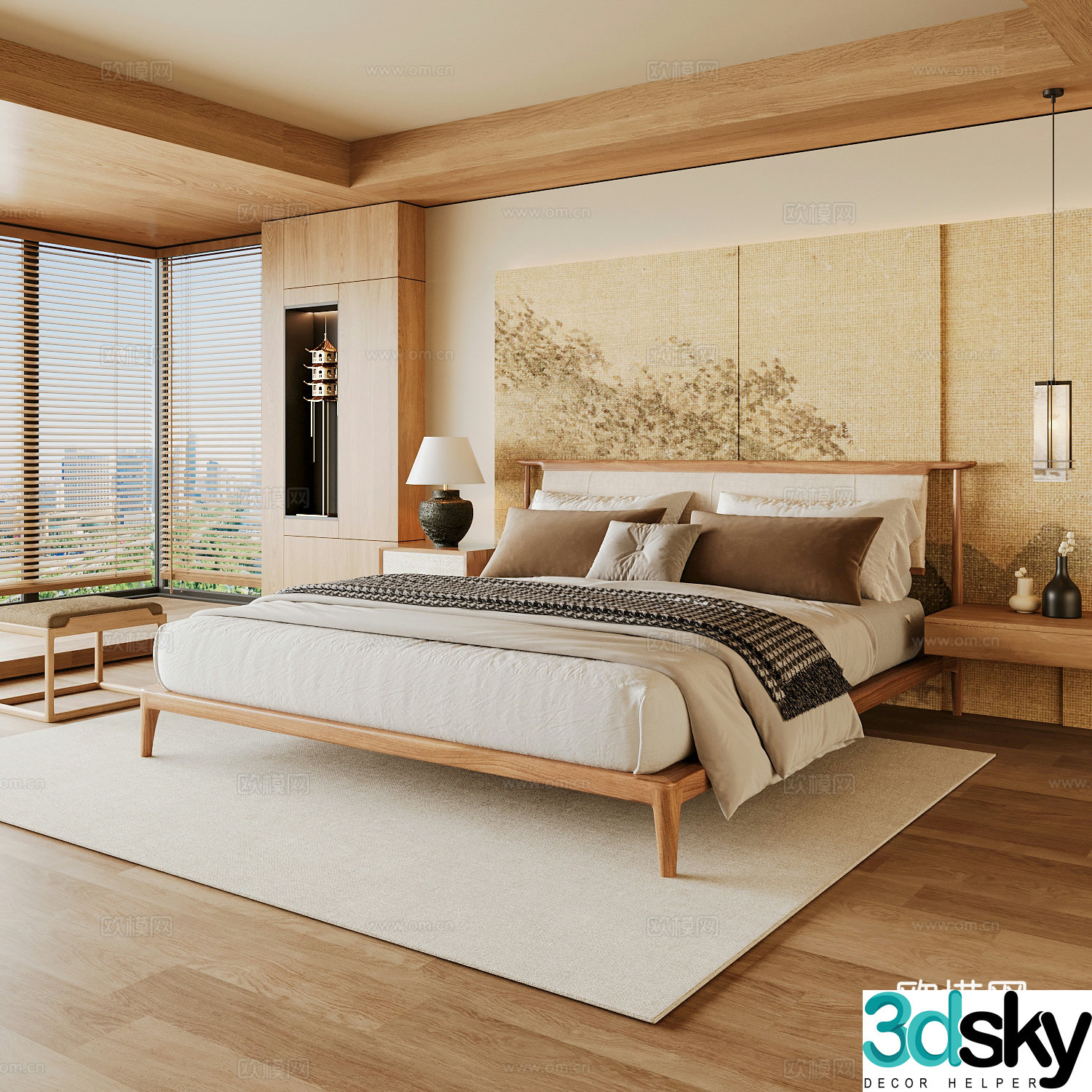 New Chinese style home bedroom Song family aesthetic bedroom Song style bedroom New Chinese style double bed New Chinese 3D model