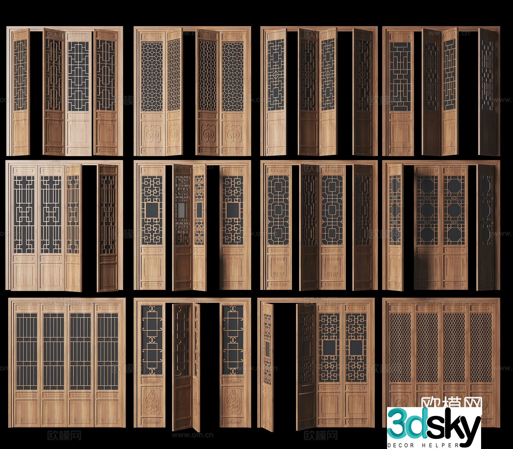 Chinese style doors and windows ancient building doors lattice doors antique wooden doors solid wood grids carved doors hollow flower 3D model