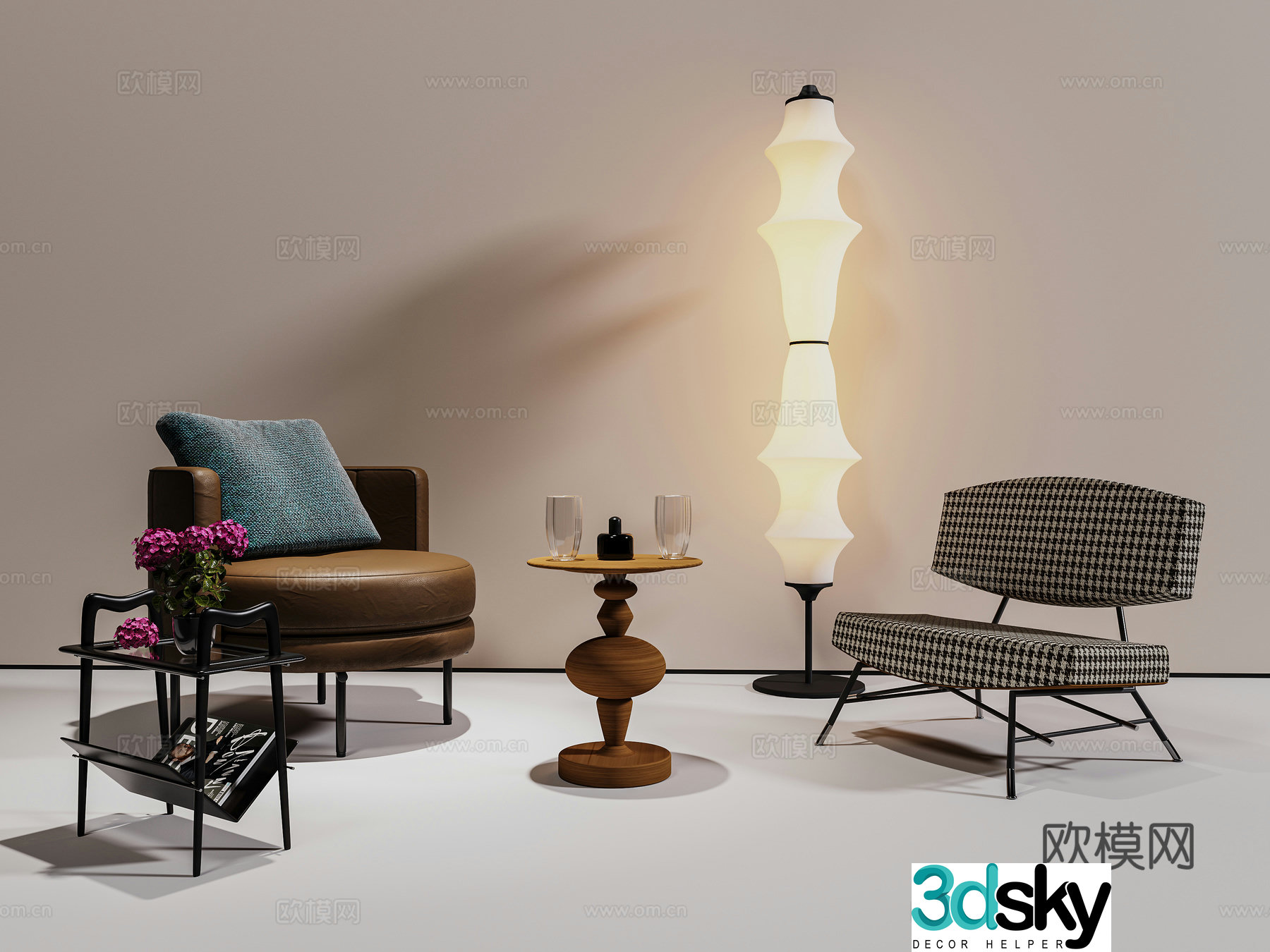 Medium style leisure chair floor lamp coffee table modern single chair 3D model