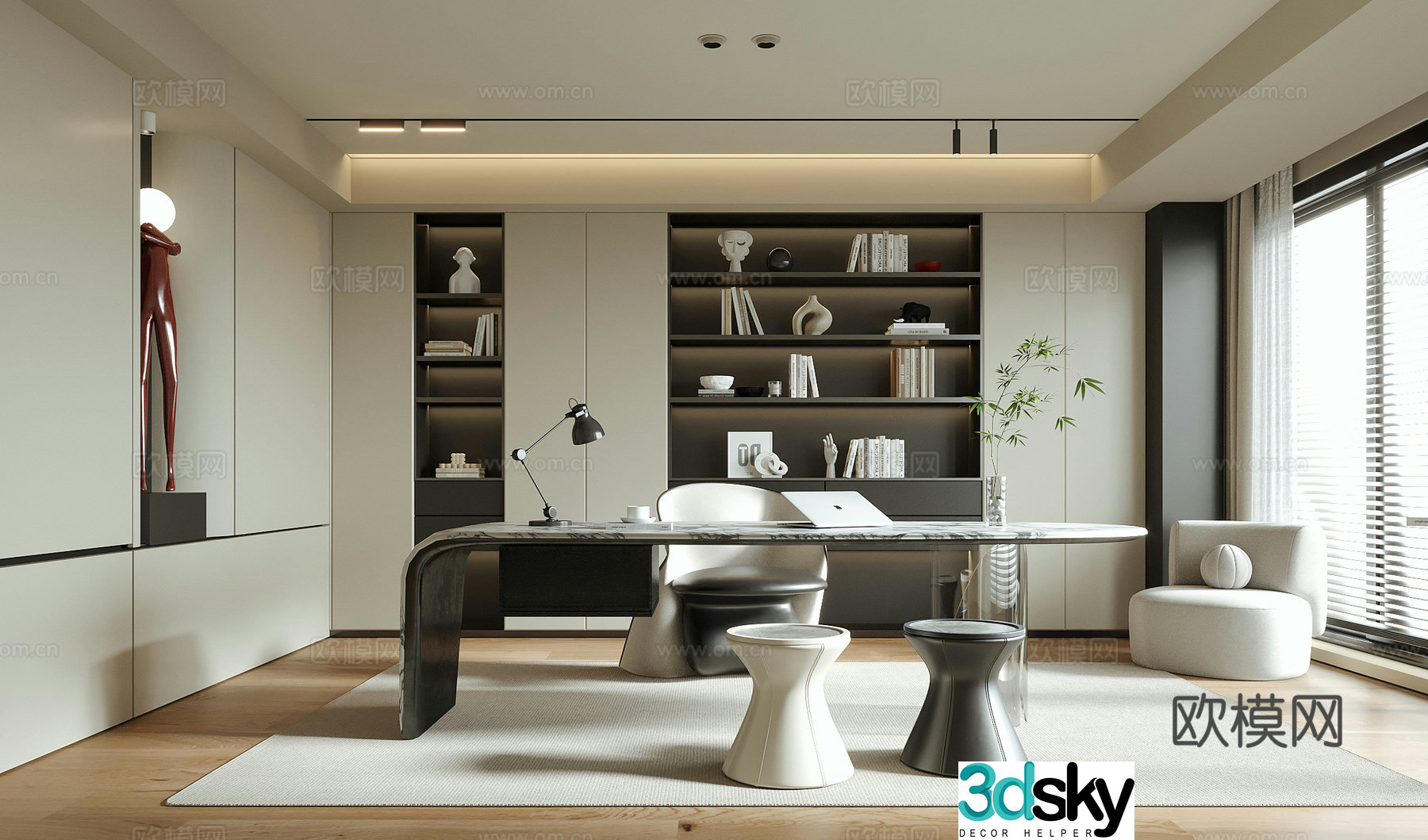 Modern study desk bookcase stool 3d model