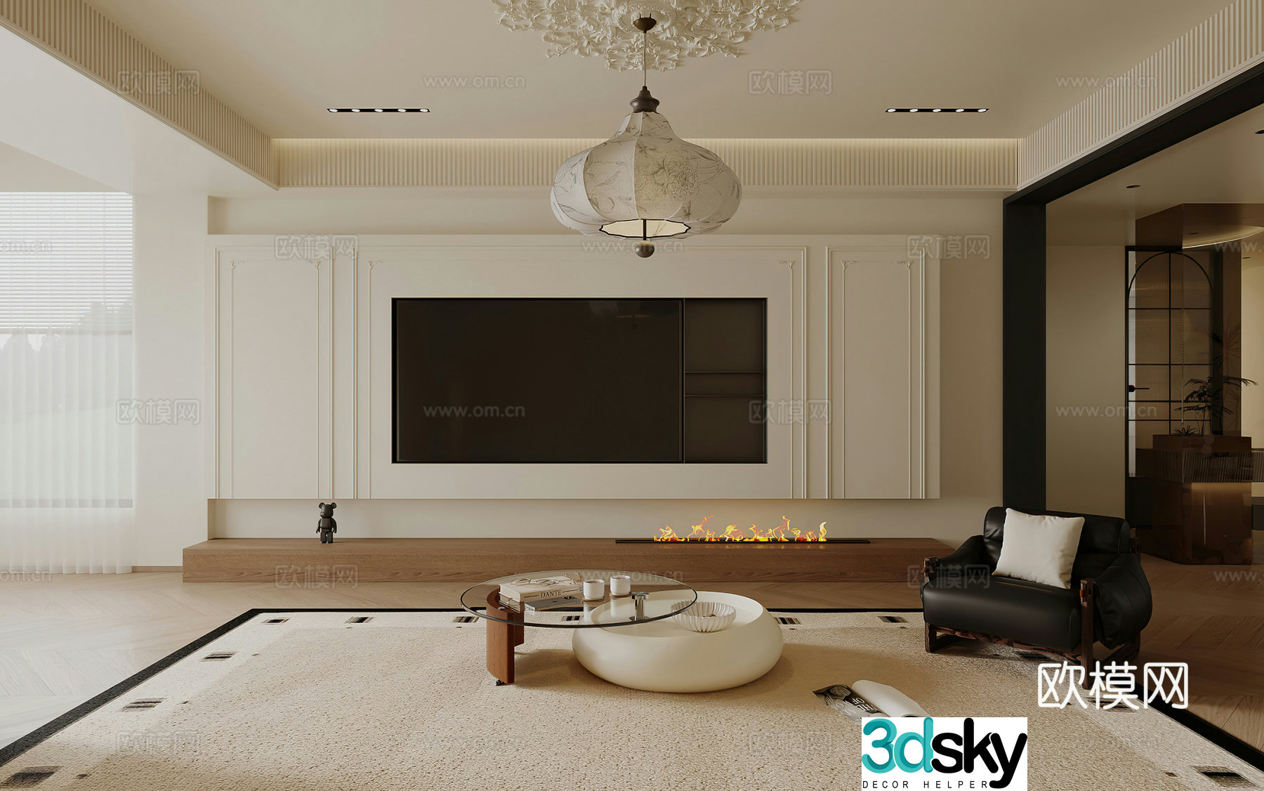 French living room TV background wall fireplace medieval living room living dining chandeliers leisure chair 3d model