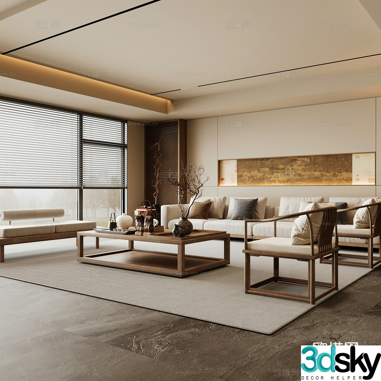 New Chinese Song style living room Chinese sofa combination Song style aesthetics Solid wood coffee table Chinese background 3D model
