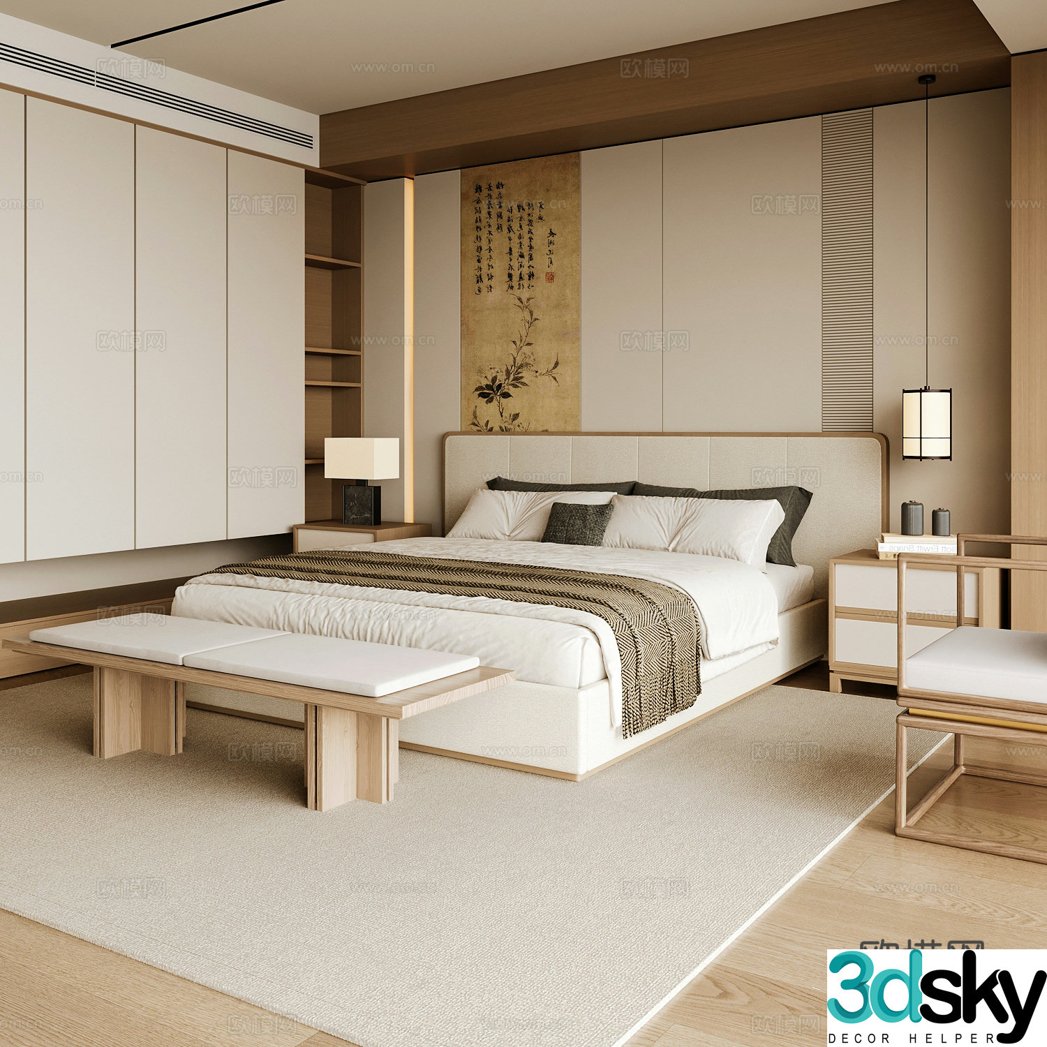 New Chinese style home bedroom Song family aesthetic bedroom Song style bedroom New Chinese style double bed New Chinese 3D model
