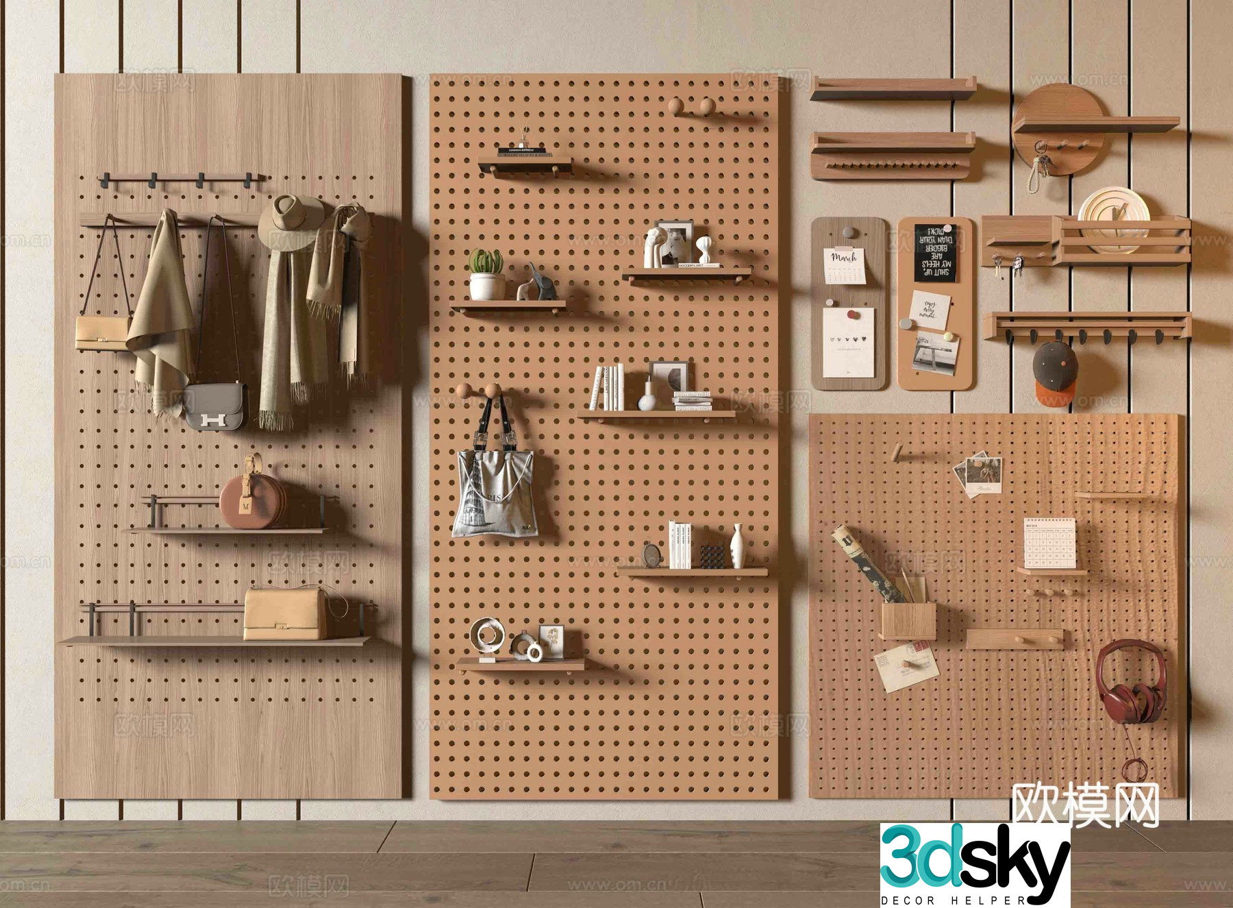 Modern shelf Modern hole board Book ornament Coat hook Wall decorative 3D model