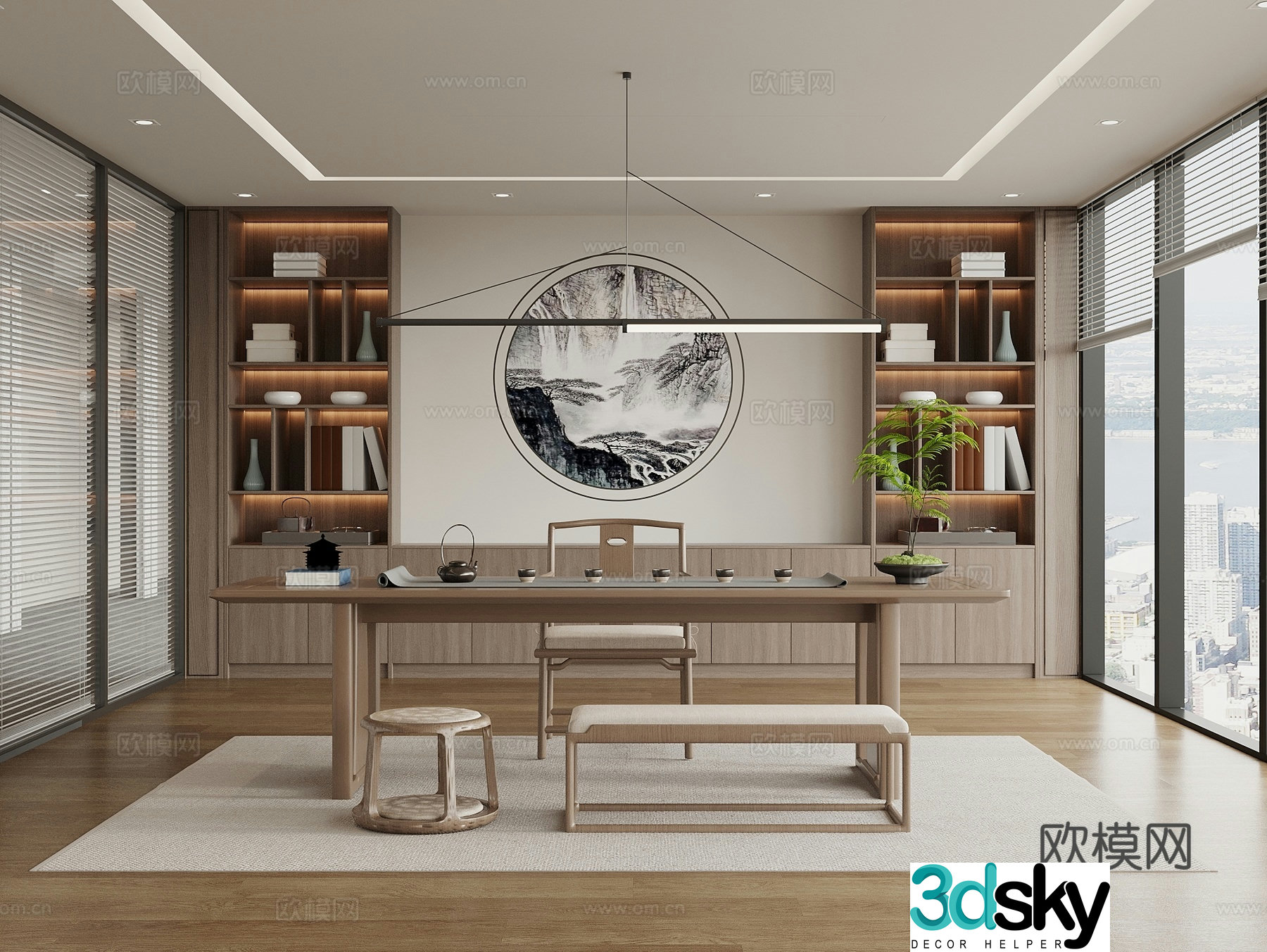New Chinese style tea room tea table and chair tea room cabinet office tea room bookcase office chandeliers 3D model