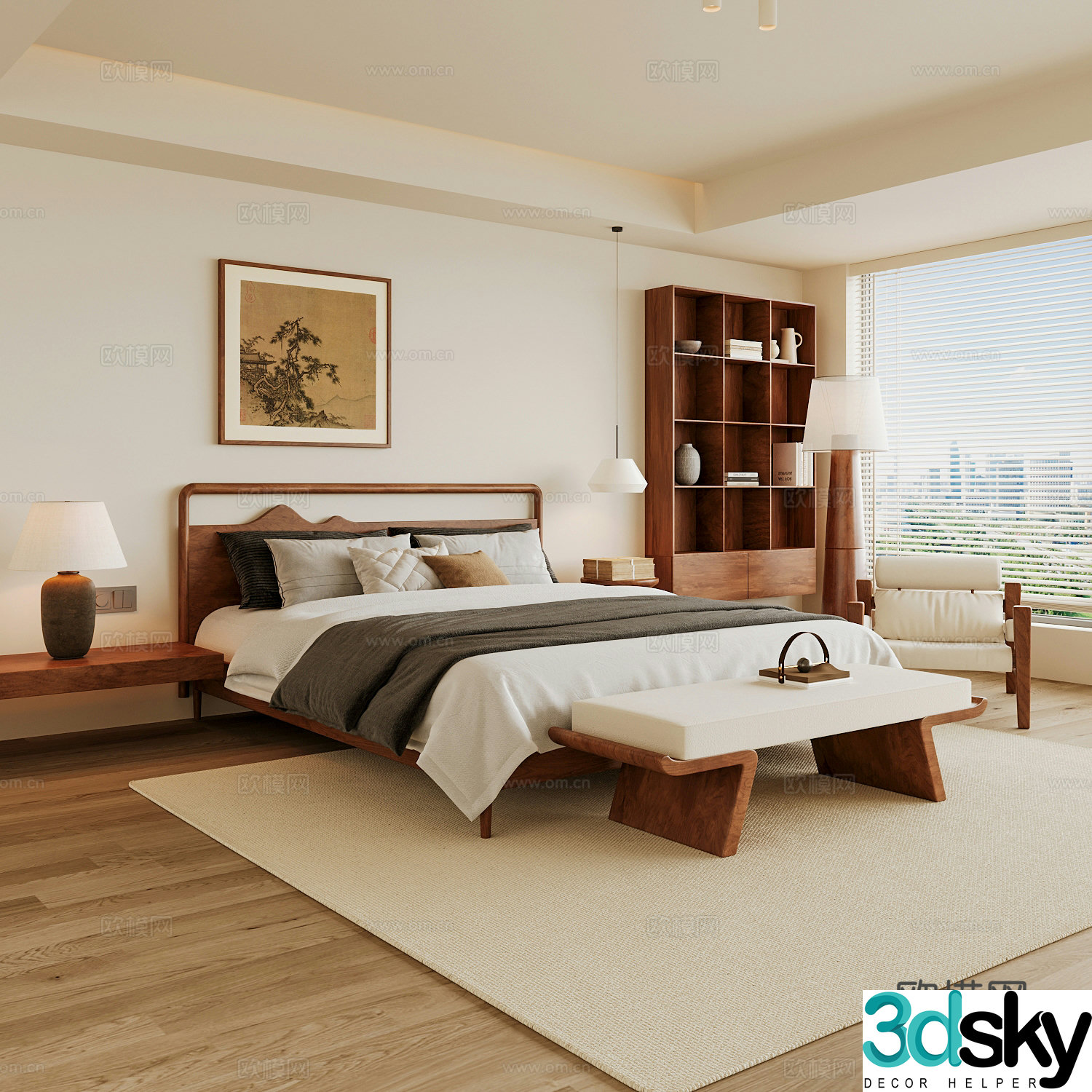 New Chinese style home bedroom Song family aesthetic bedroom Song style bedroom New Chinese style double bed New Chinese 3D model