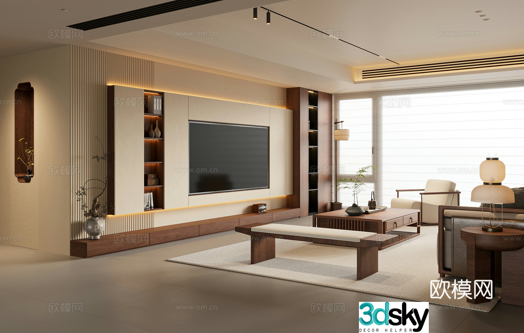 New Chinese style Chinese living room Song style living room Sofa coffee table combination TV cabinet Leisure chair 3D model