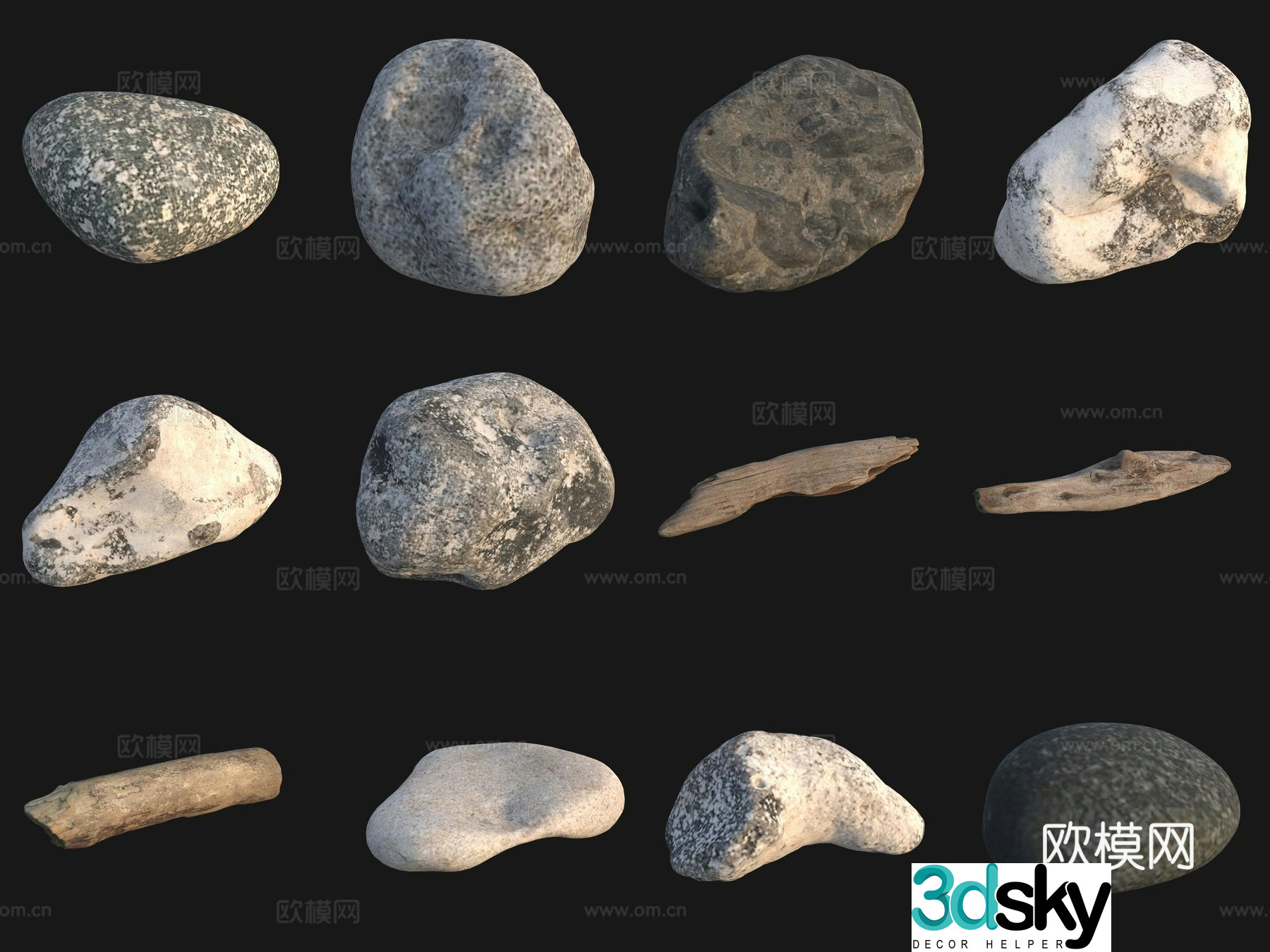 Rock big stone pebbles wood 3d model
