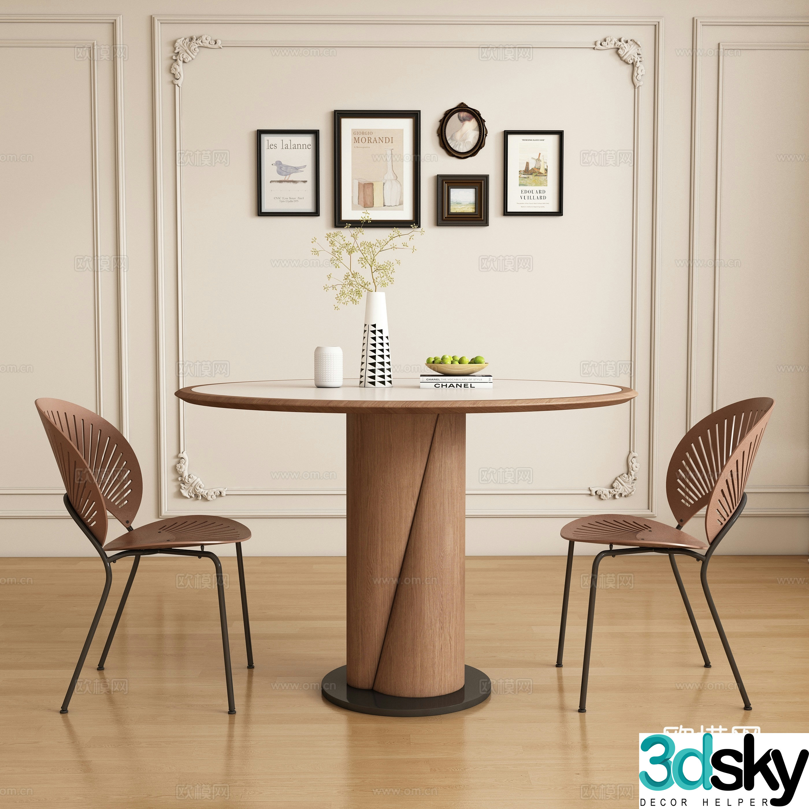 Modern French restaurant dining table and chair 3d model