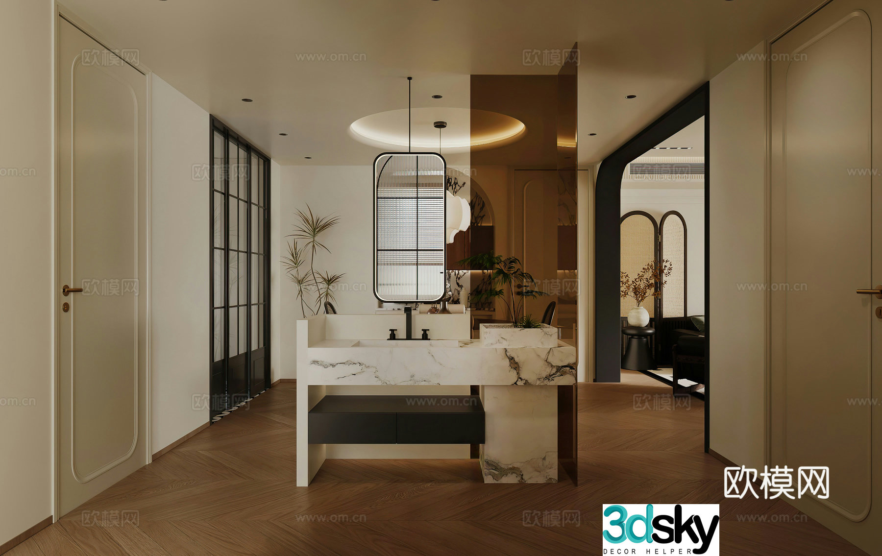 Modern washbasin bathroom dry area under-the-top tray entrance hall aisle partition wall French 3D model