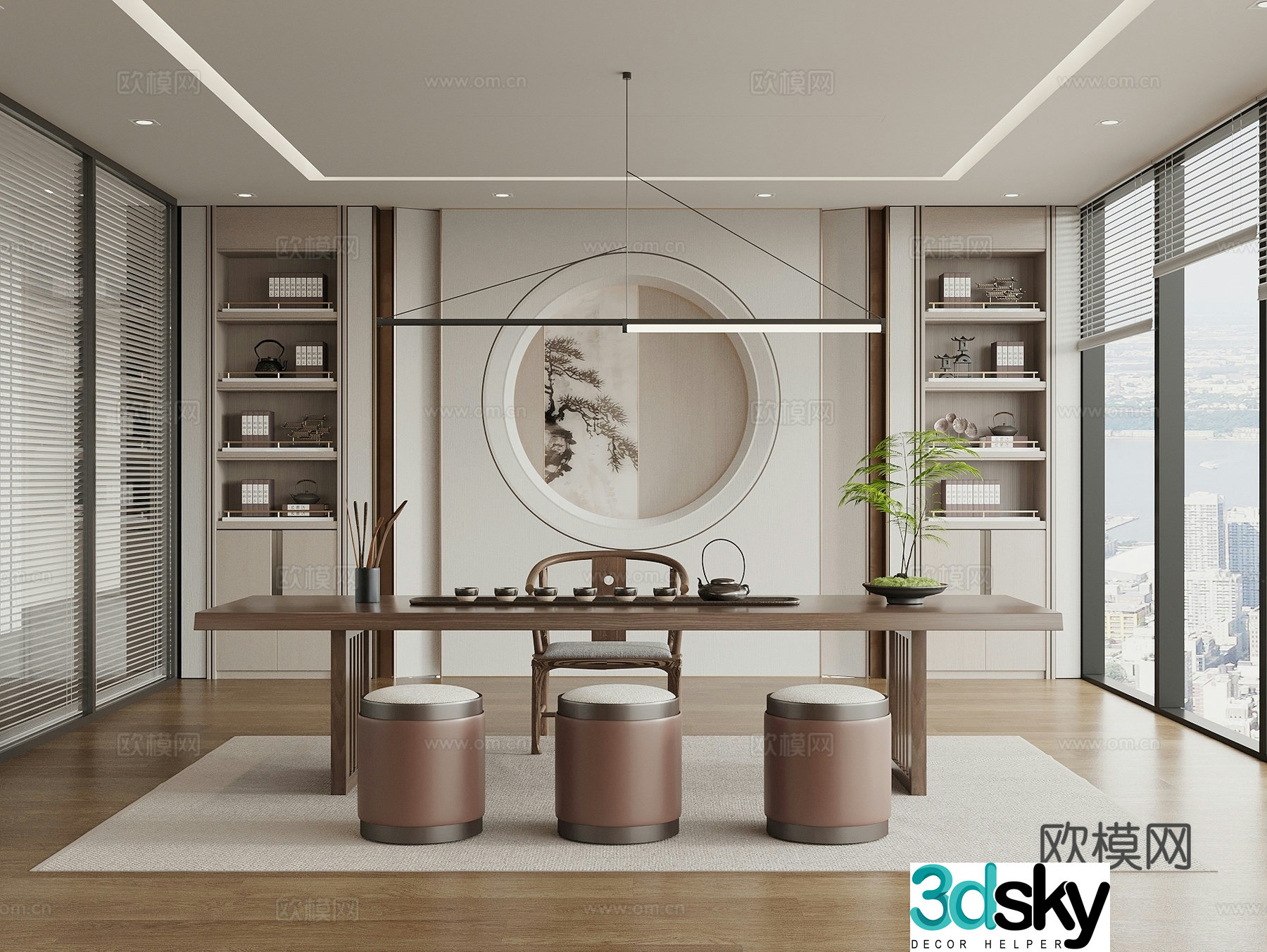 New Chinese style tea room tea table and chair tea room cabinet office tea room bookcase office chandeliers 3D model