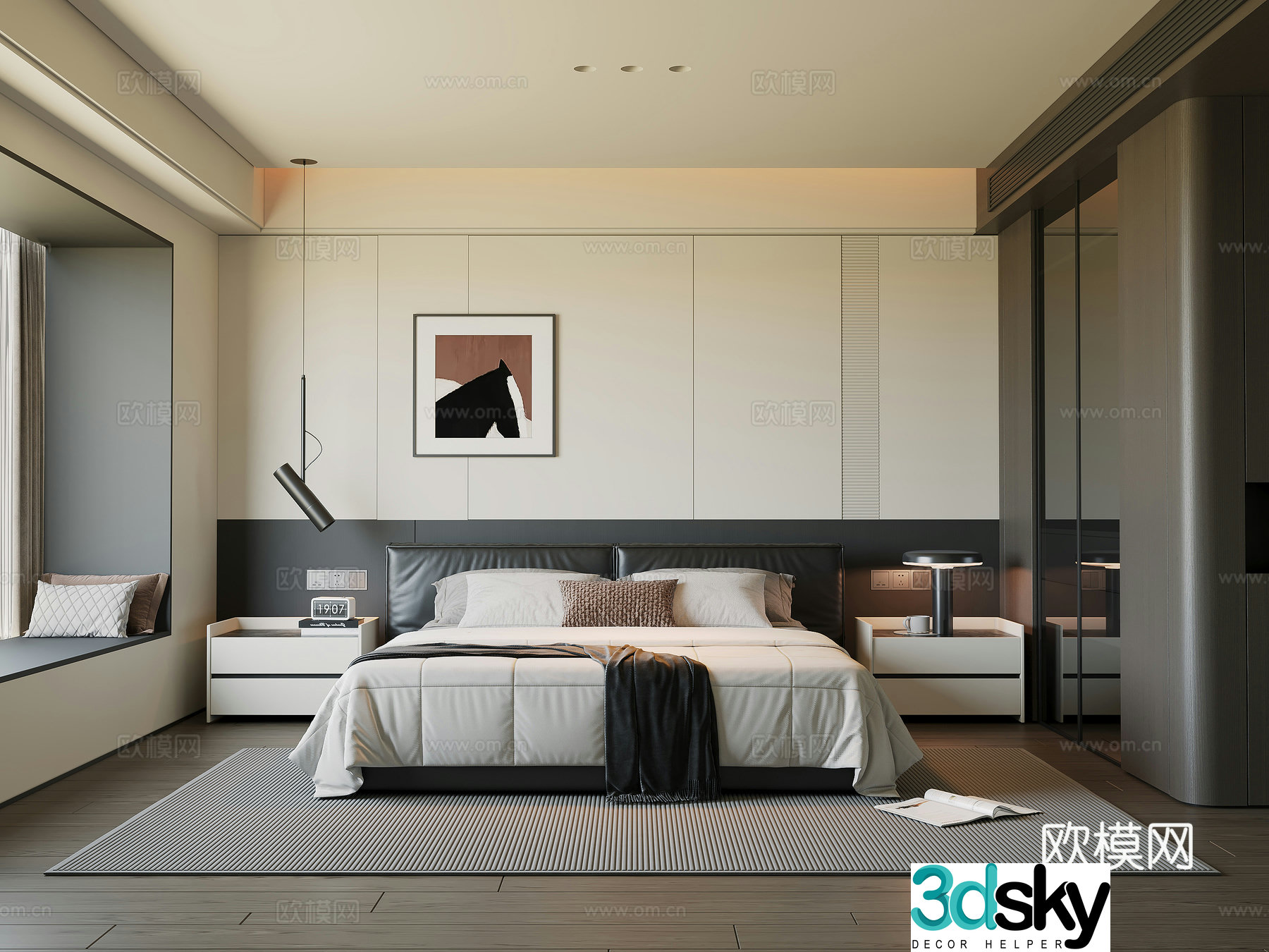 Modern Italian bedroom bed wardrobe bedside table hanging painting decoration 3d model