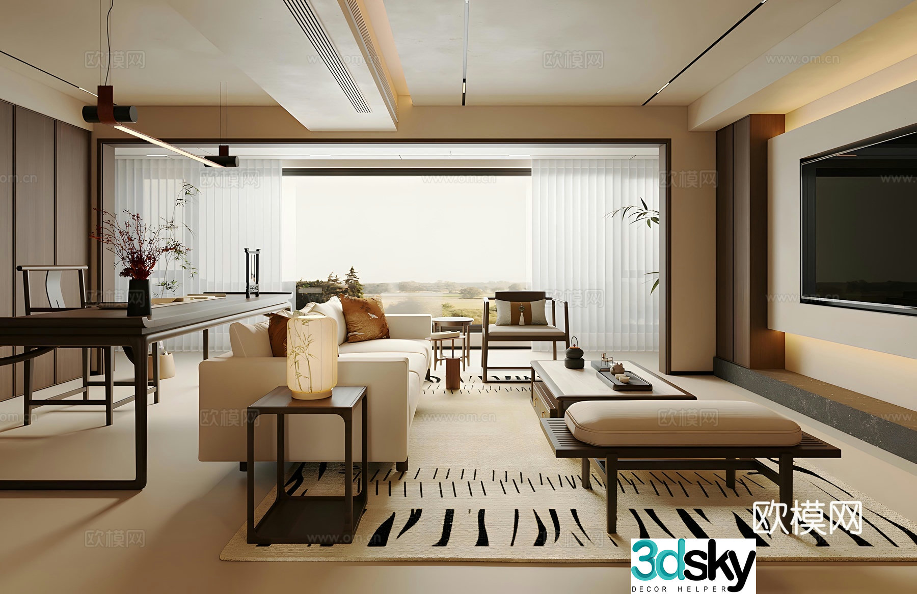 New Chinese Zen Home Living Room Song-style Aesthetic Living Room Chinese Living Room Chinese Sofa Coffee Table Combination 3D Model