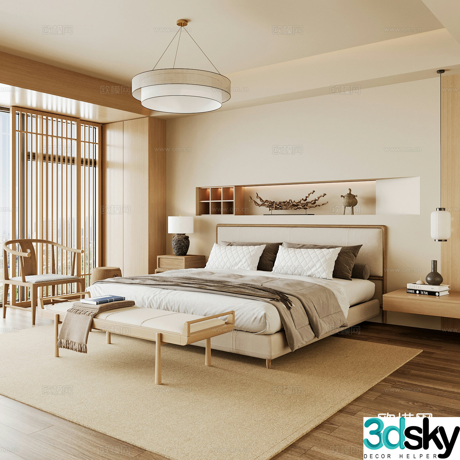 New Chinese style home bedroom Song family aesthetic bedroom Song style bedroom New Chinese style double bed New Chinese 3D model