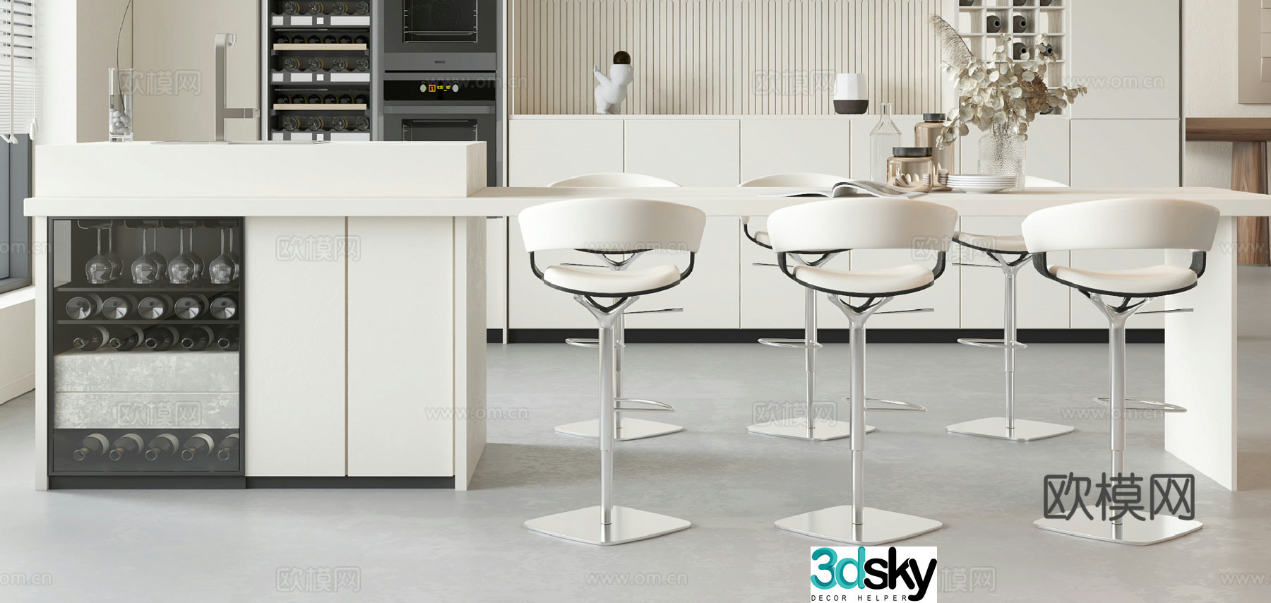 Creamy style bar chair combination 3D model