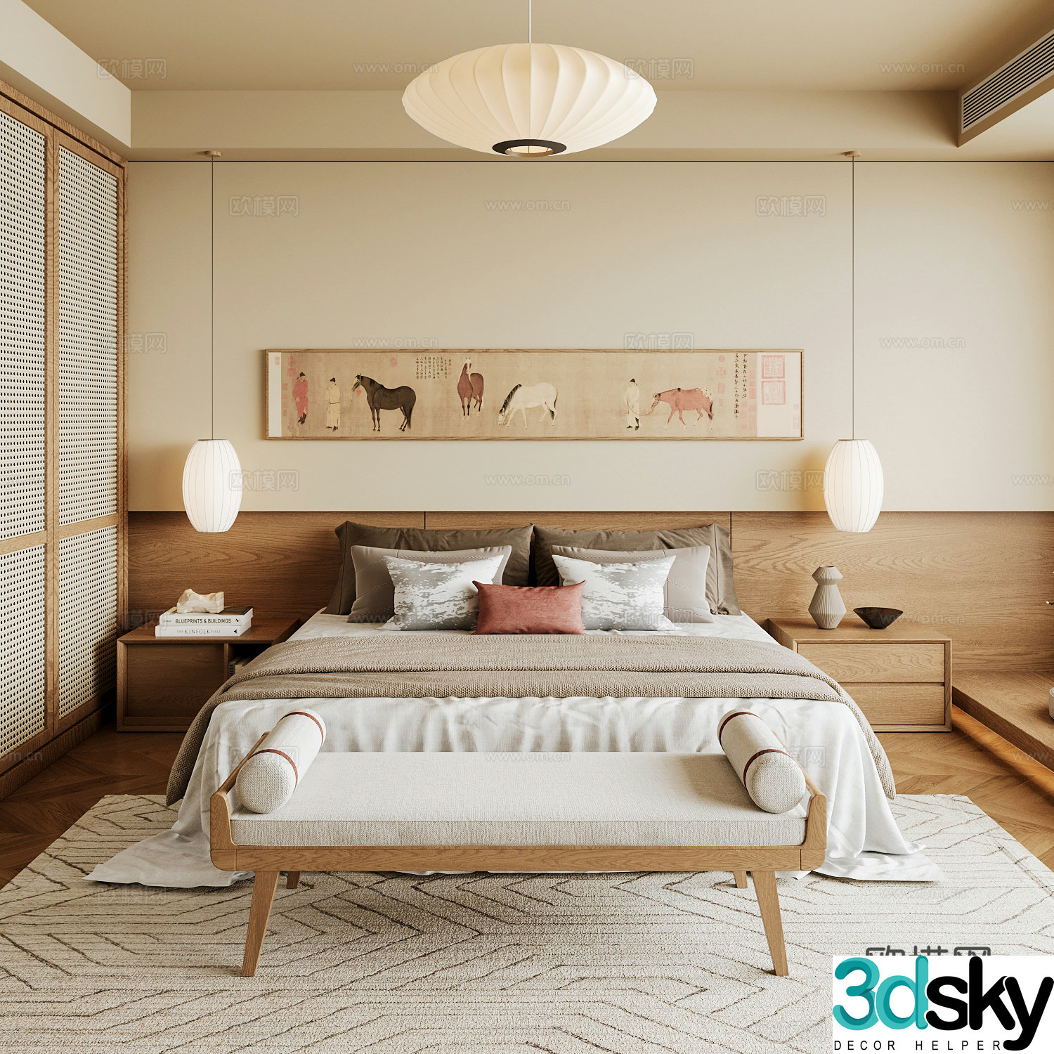 New Chinese style home bedroom Song family aesthetic bedroom Song style bedroom New Chinese style double bed New Chinese 3D model