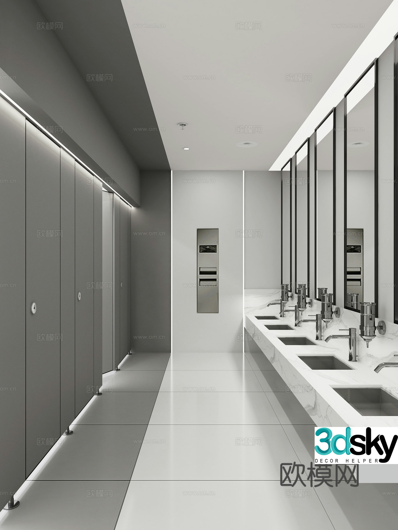 Modern black white and gray public bathroom 3d model