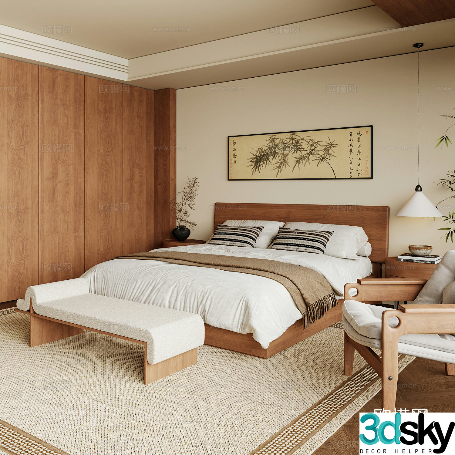 New Chinese style home bedroom Song family aesthetic bedroom Song style bedroom New Chinese style double bed New Chinese 3D model