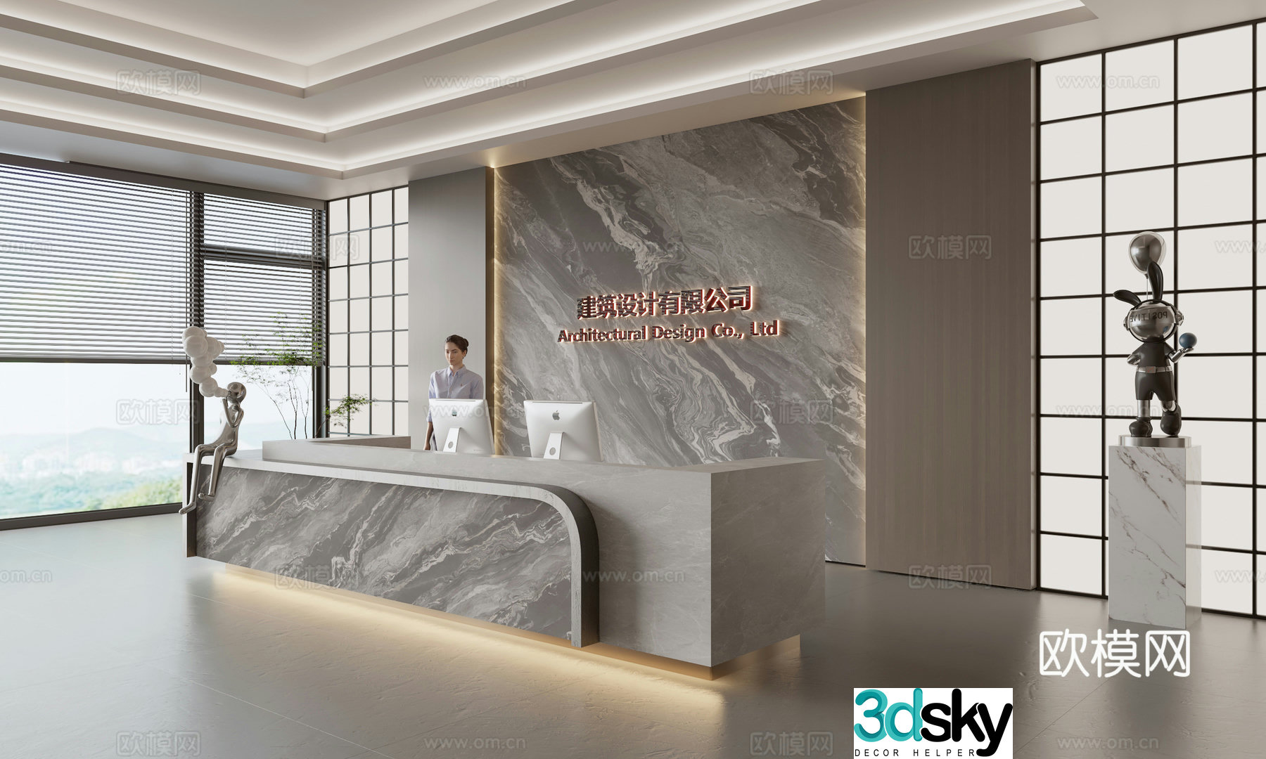 Modern company front desk reception area bar reception desk service desk company front desk background 3D model