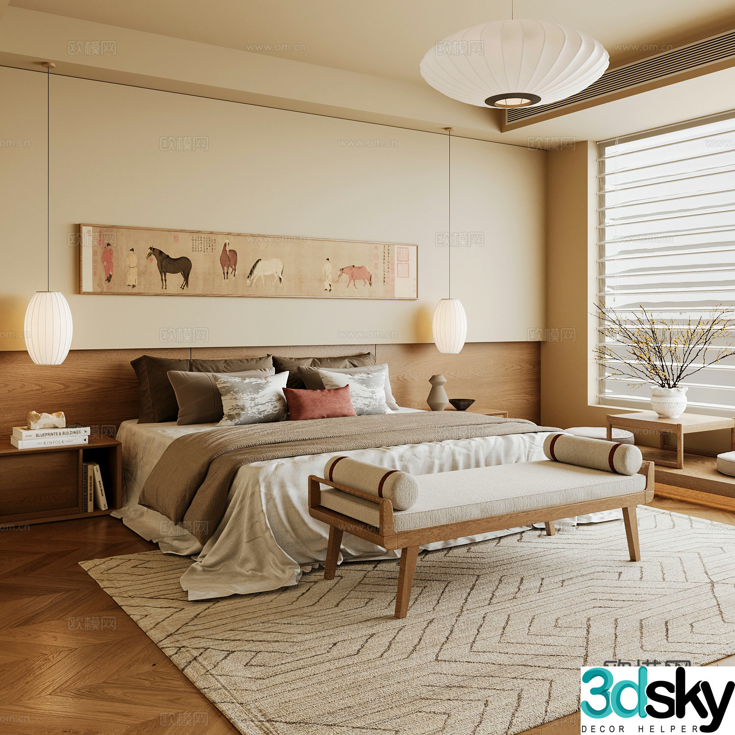 New Chinese style home bedroom Song family aesthetic bedroom Song style bedroom New Chinese style double bed New Chinese 3D model