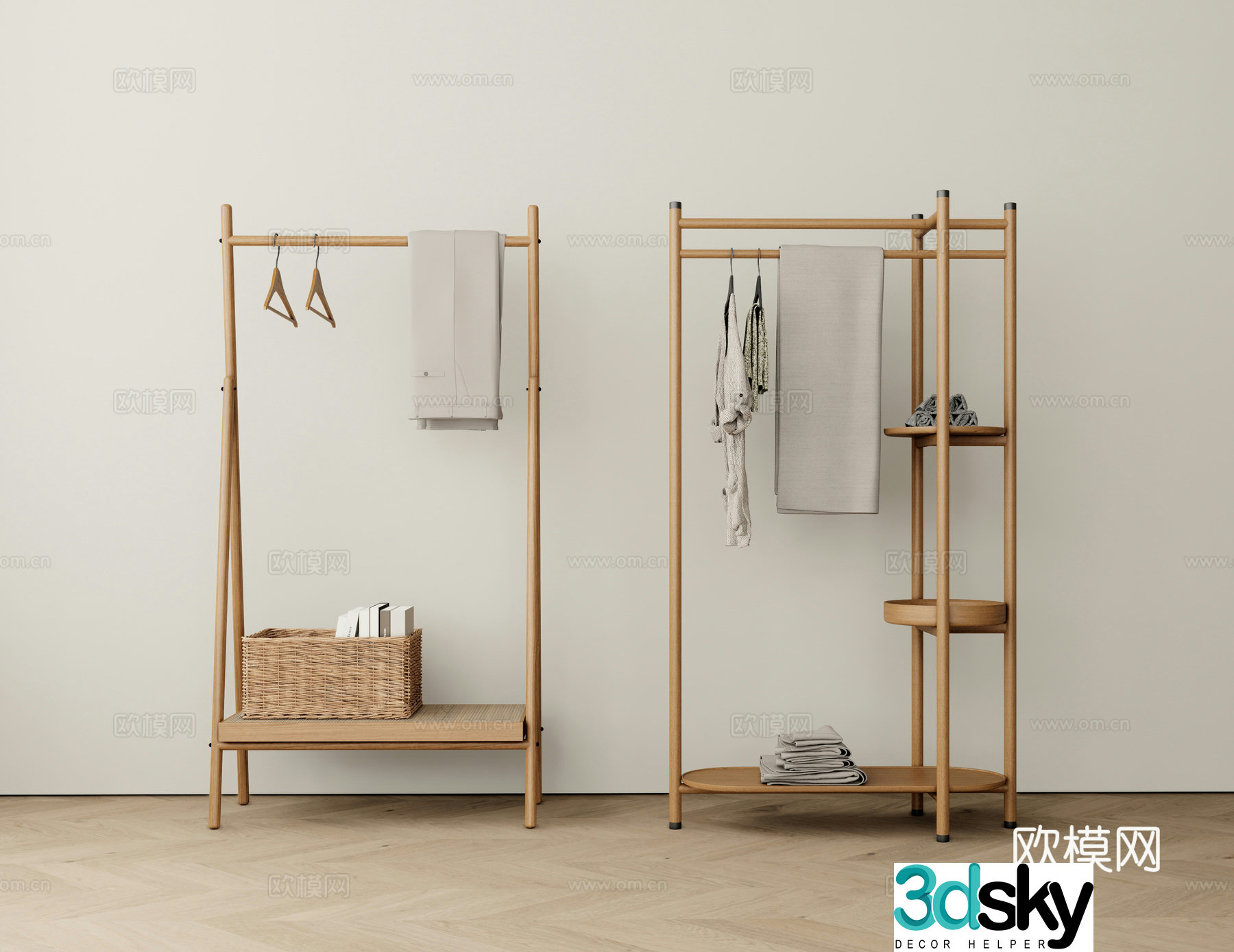 Modern solid wood clothes hanger floor hanger 3d model