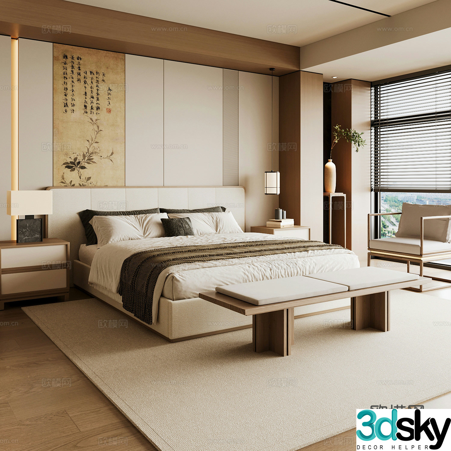 New Chinese style home bedroom Song family aesthetic bedroom Song style bedroom New Chinese style double bed New Chinese 3D model
