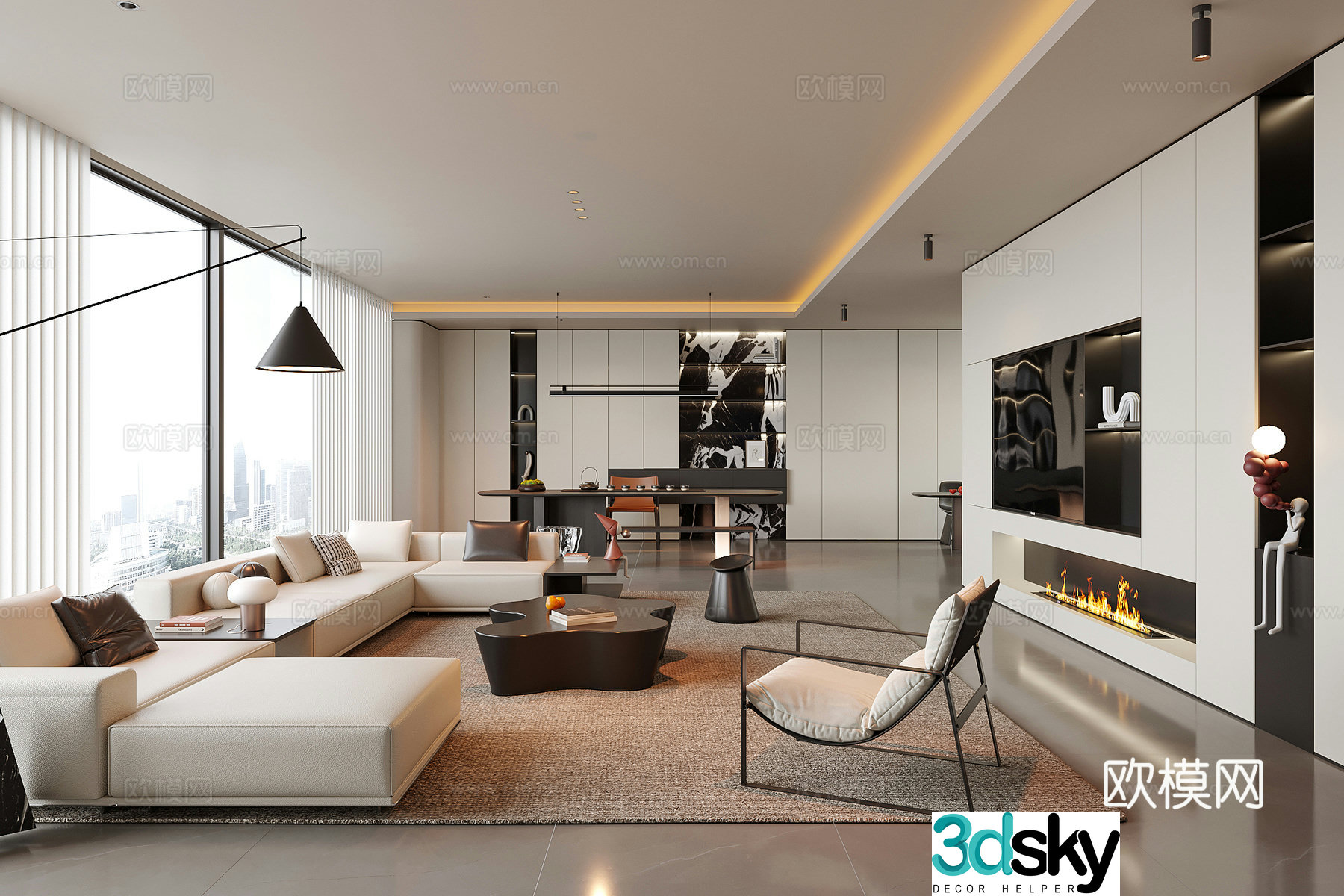 Modern living room sofa coffee table combination desk chair 3D model