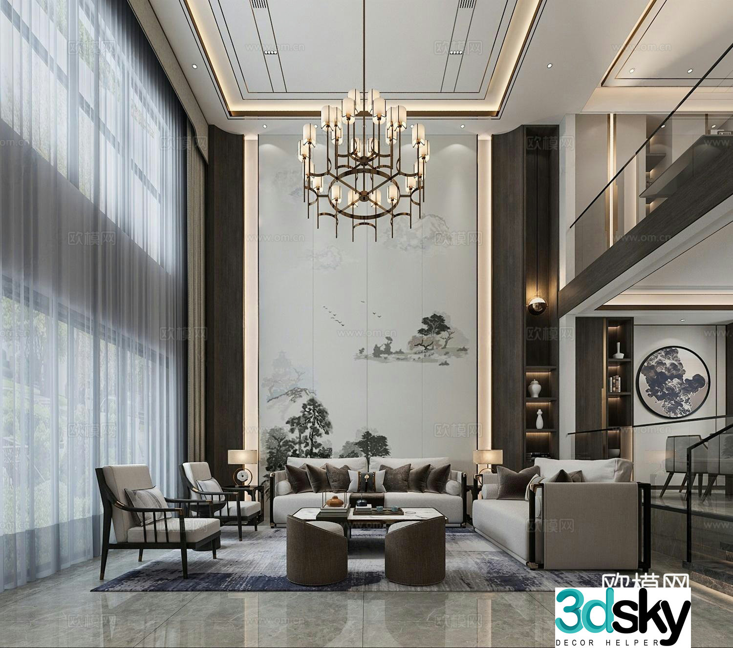 New Chinese style living and dining combination sofa dining table and chair chandeliers mural 3D model