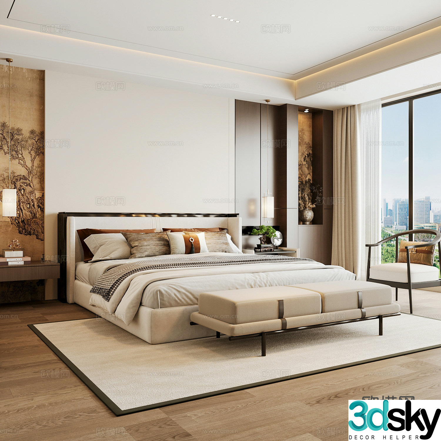 New Chinese style home bedroom Song family aesthetic bedroom Song style bedroom New Chinese style double bed New Chinese 3D model