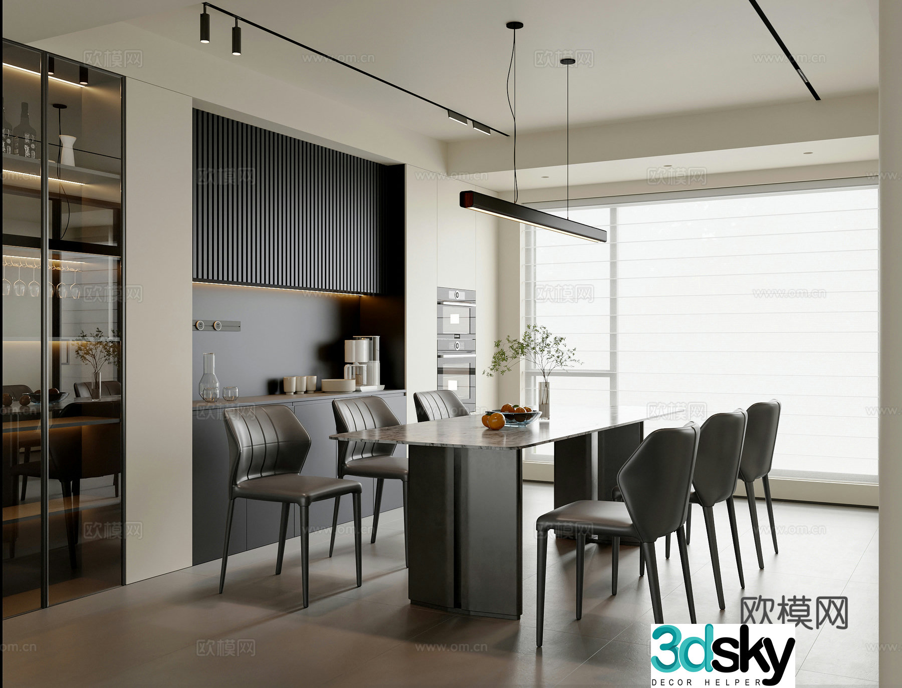 Modern Italian restaurant dining table and chair combination sideboard wine cabinet chandeliers accessories 3D model
