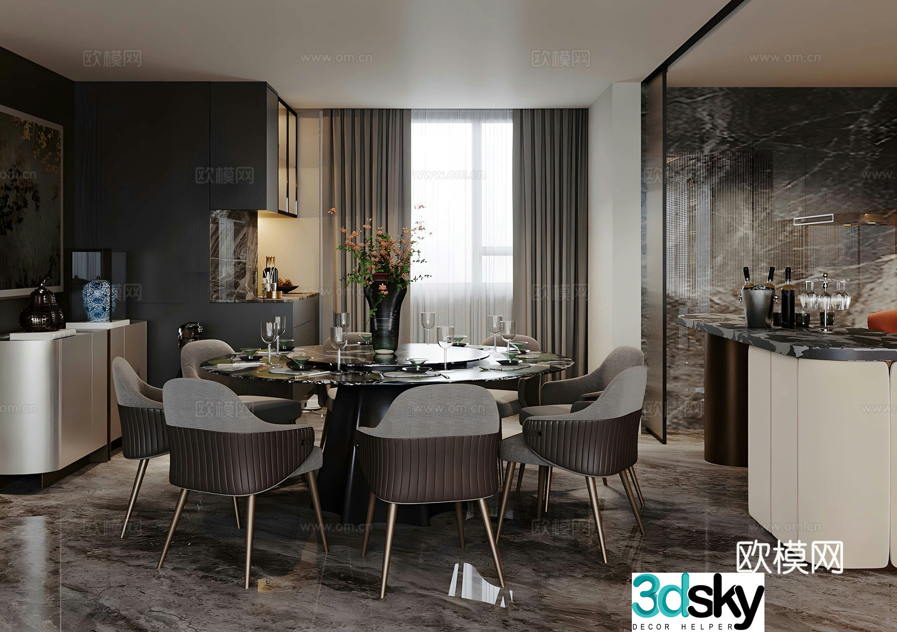 Italian light luxury home restaurant Island restaurant Marble oval dining table Kitchen restaurant Round dining table 3D model