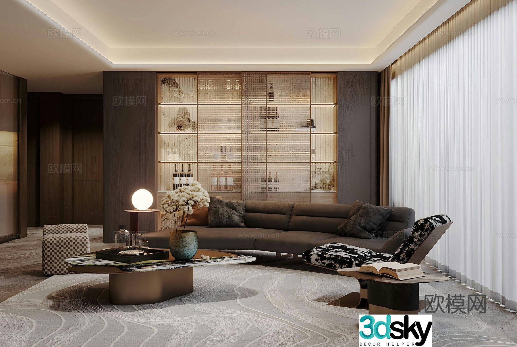 Light luxury Italian home living room high-end gray living room sofa and coffee table combination marble TV background wall 3D model
