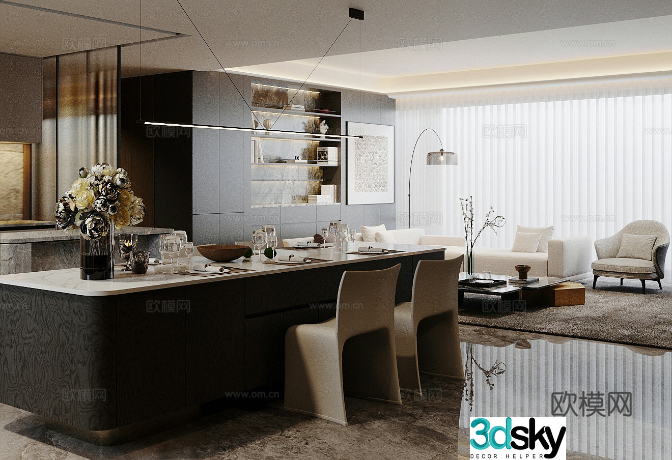 Light luxury Italian home living and dining room homeless lights modern living and dining room horizontal living and dining room 3D model
