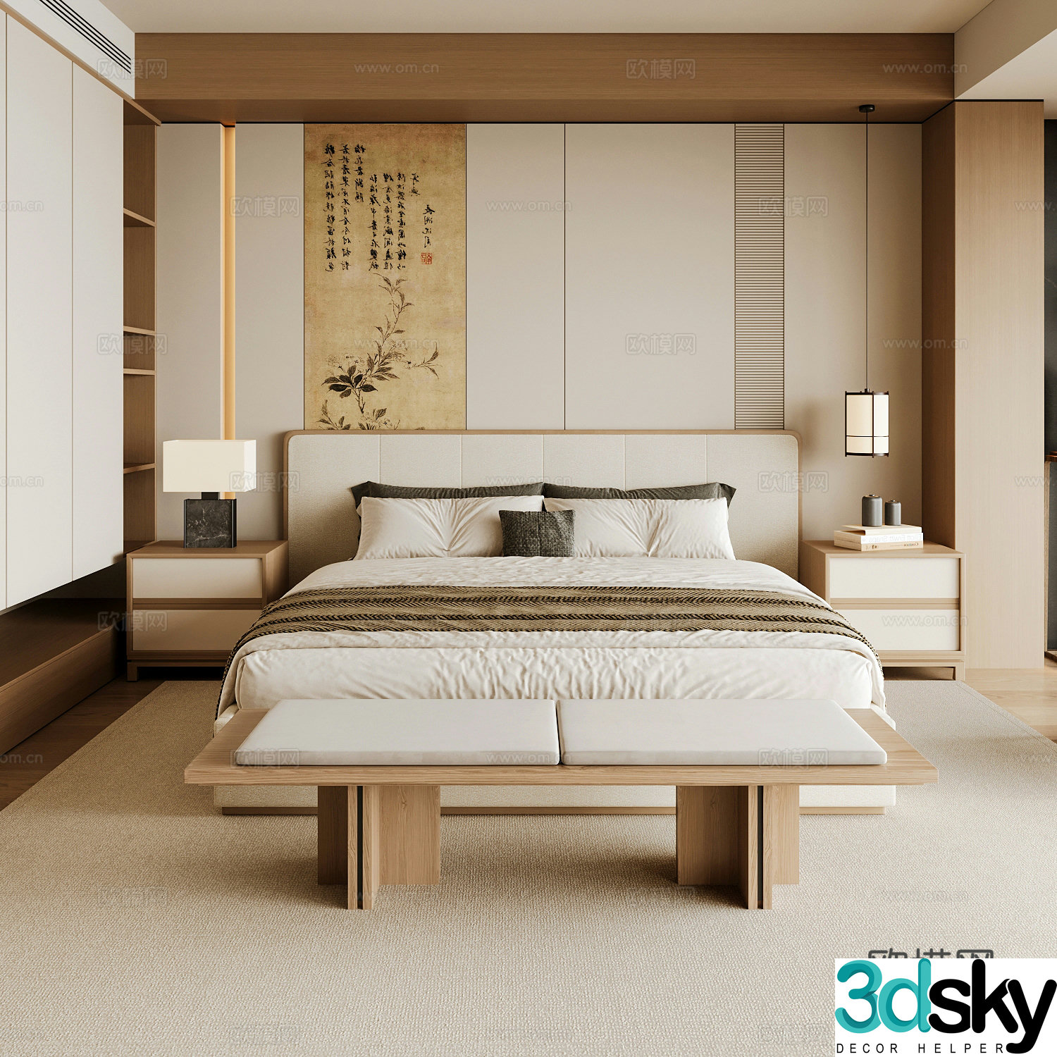 New Chinese style home bedroom Song family aesthetic bedroom Song style bedroom New Chinese style double bed New Chinese 3D model