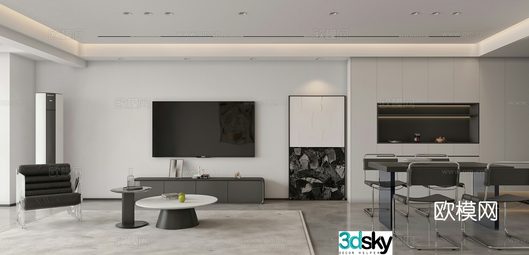 Modern living room and dining room TV background wall TV cabinet wine cabinet dining table simple modern living room 3d model