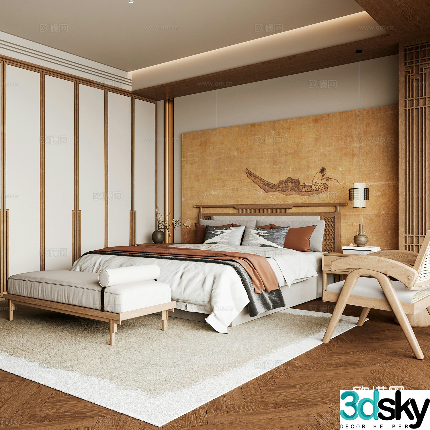 New Chinese style home bedroom Song family aesthetic bedroom Song style bedroom New Chinese style double bed New Chinese 3D model