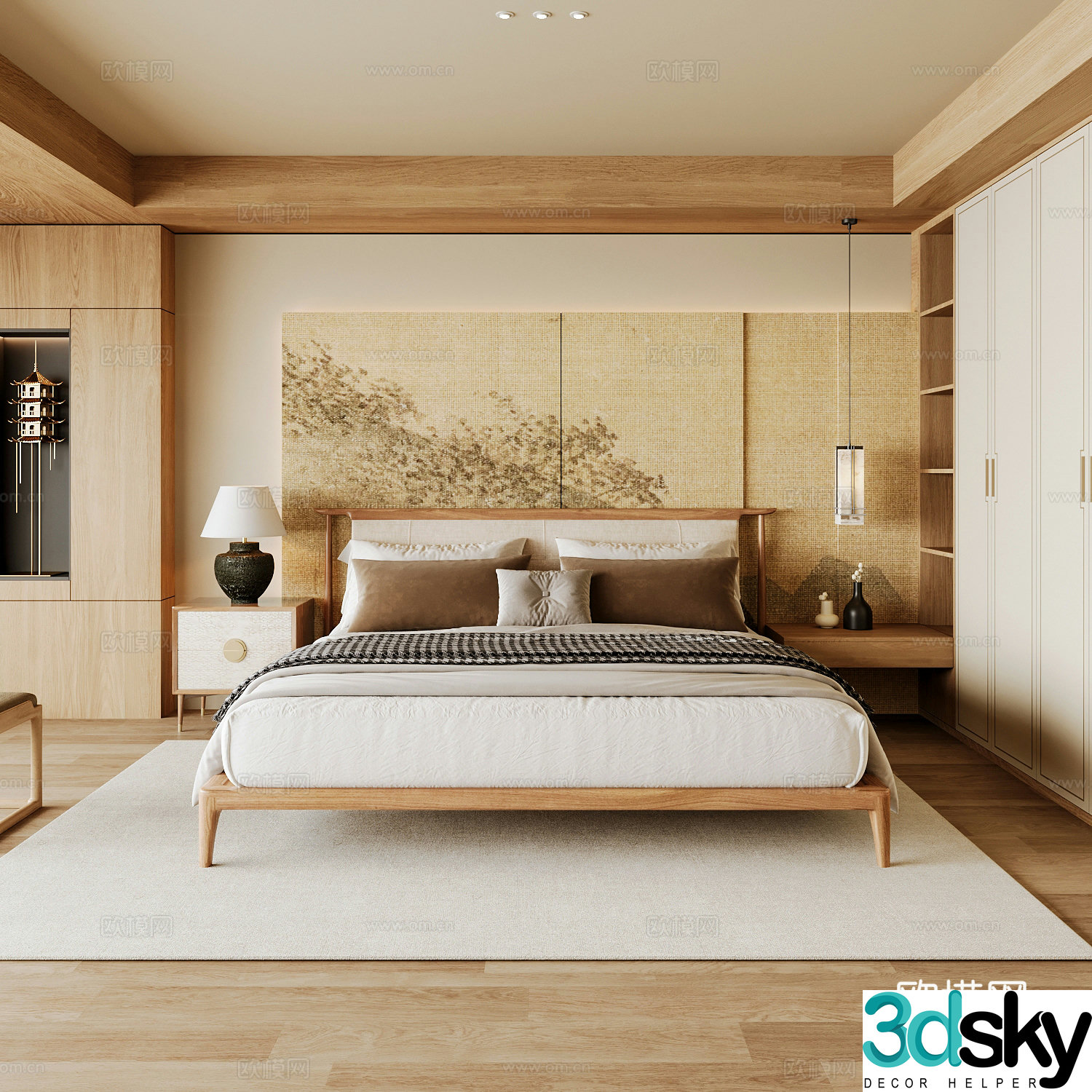 New Chinese style home bedroom Song family aesthetic bedroom Song style bedroom New Chinese style double bed New Chinese 3D model