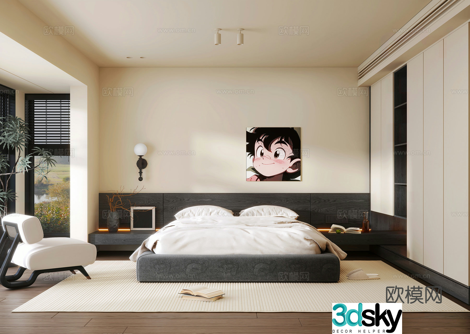 Modern minimalist home bedroom Modern minimalist double bed Single sofa Wardrobe Bedside wall light 3D model