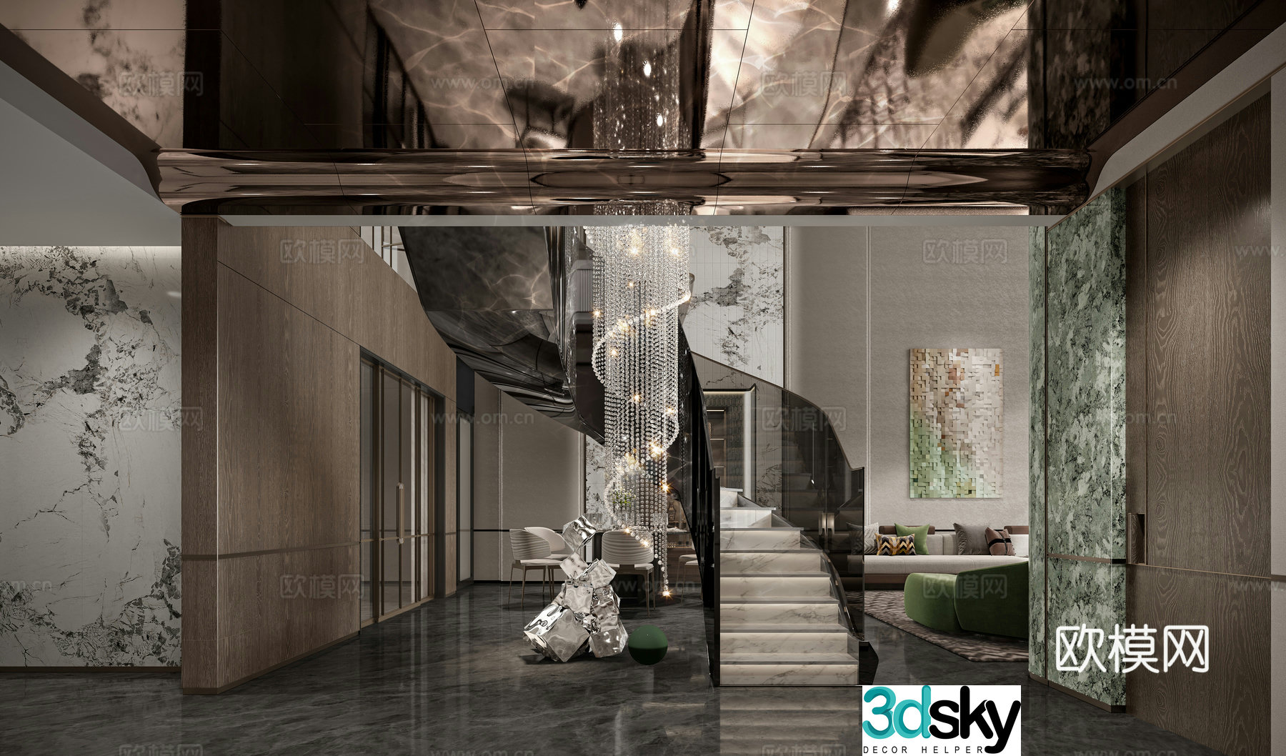Modern stairs living and dining room 3d model