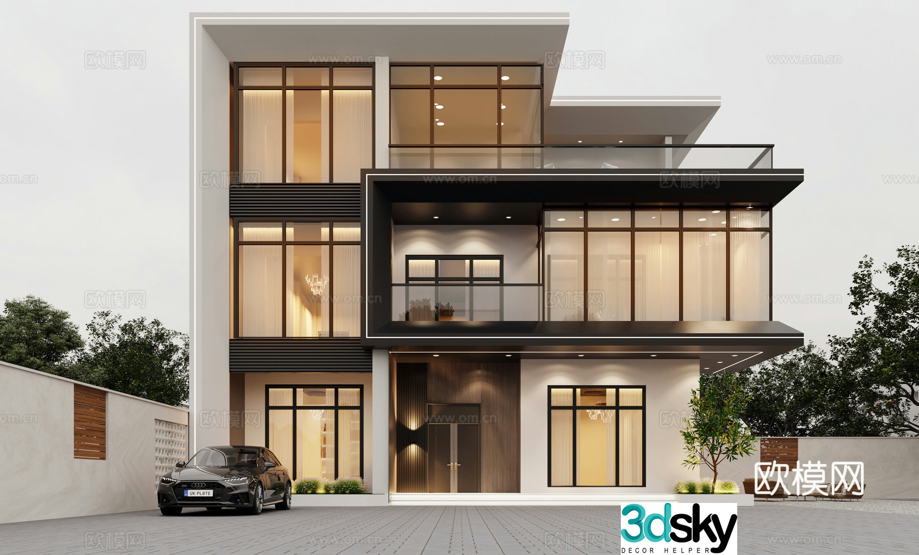 Modern villa exterior villa facade single-family villa three-story residential building floor-to-ceiling windows 3D model