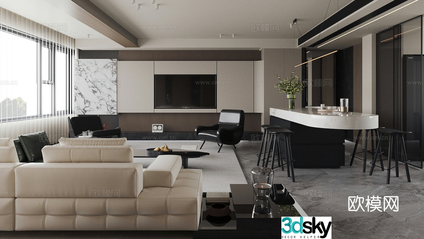 Light luxury Italian home living and dining room homeless lights modern living and dining room horizontal living and dining room 3D model