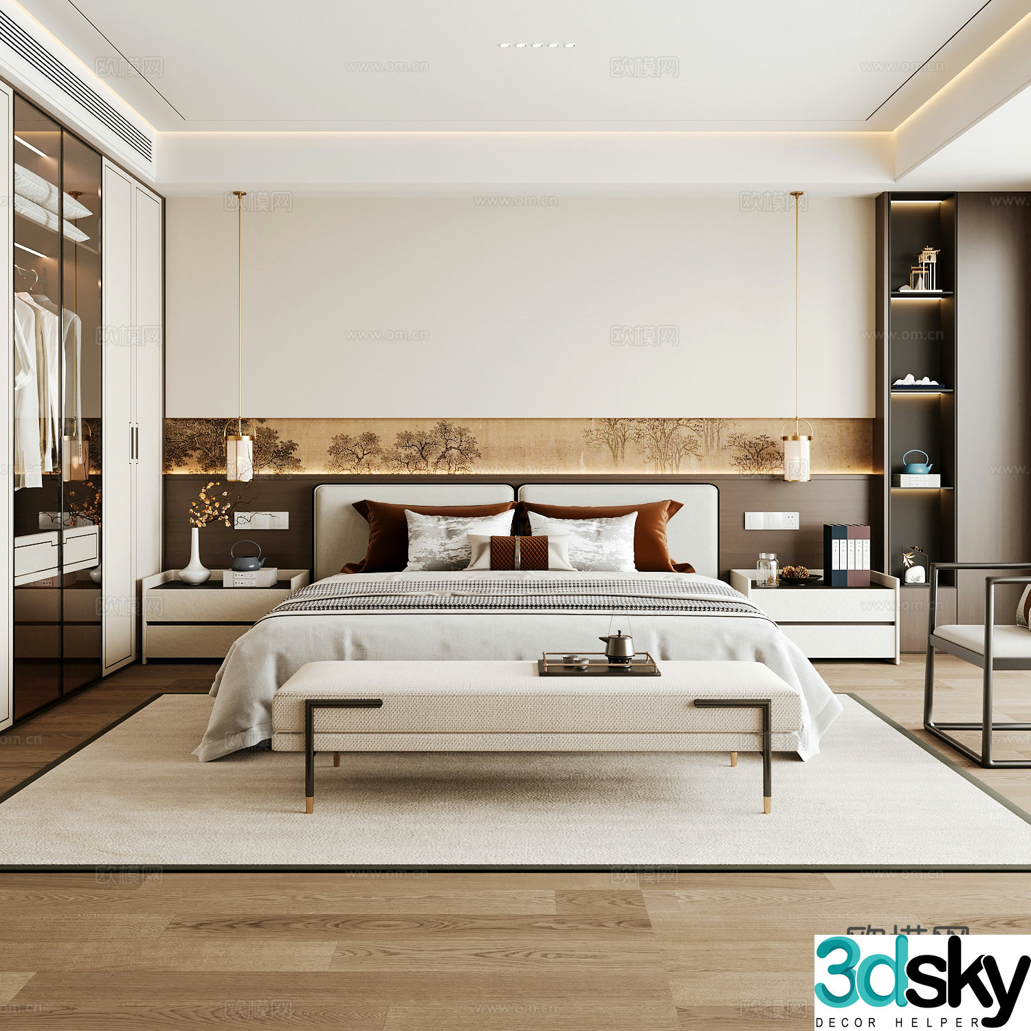 New Chinese style home bedroom Song family aesthetic bedroom Song style bedroom New Chinese style double bed New Chinese 3D model