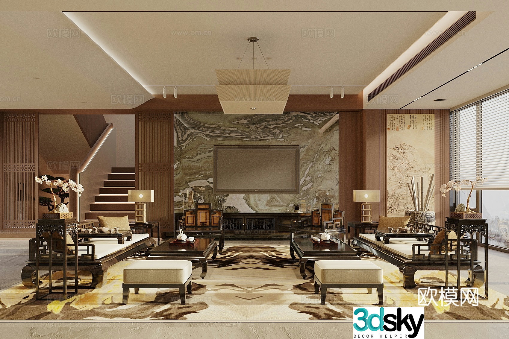 Song style new stroke living room sofa and coffee table combination Arhat bed Arhat couch TV background wall floor 3D model