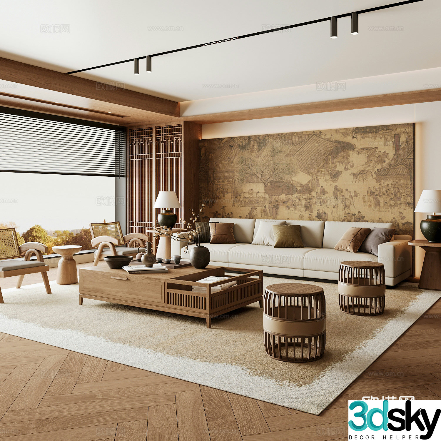 New Chinese Song style living room Chinese sofa combination Song style aesthetics Solid wood coffee table Chinese background 3D model